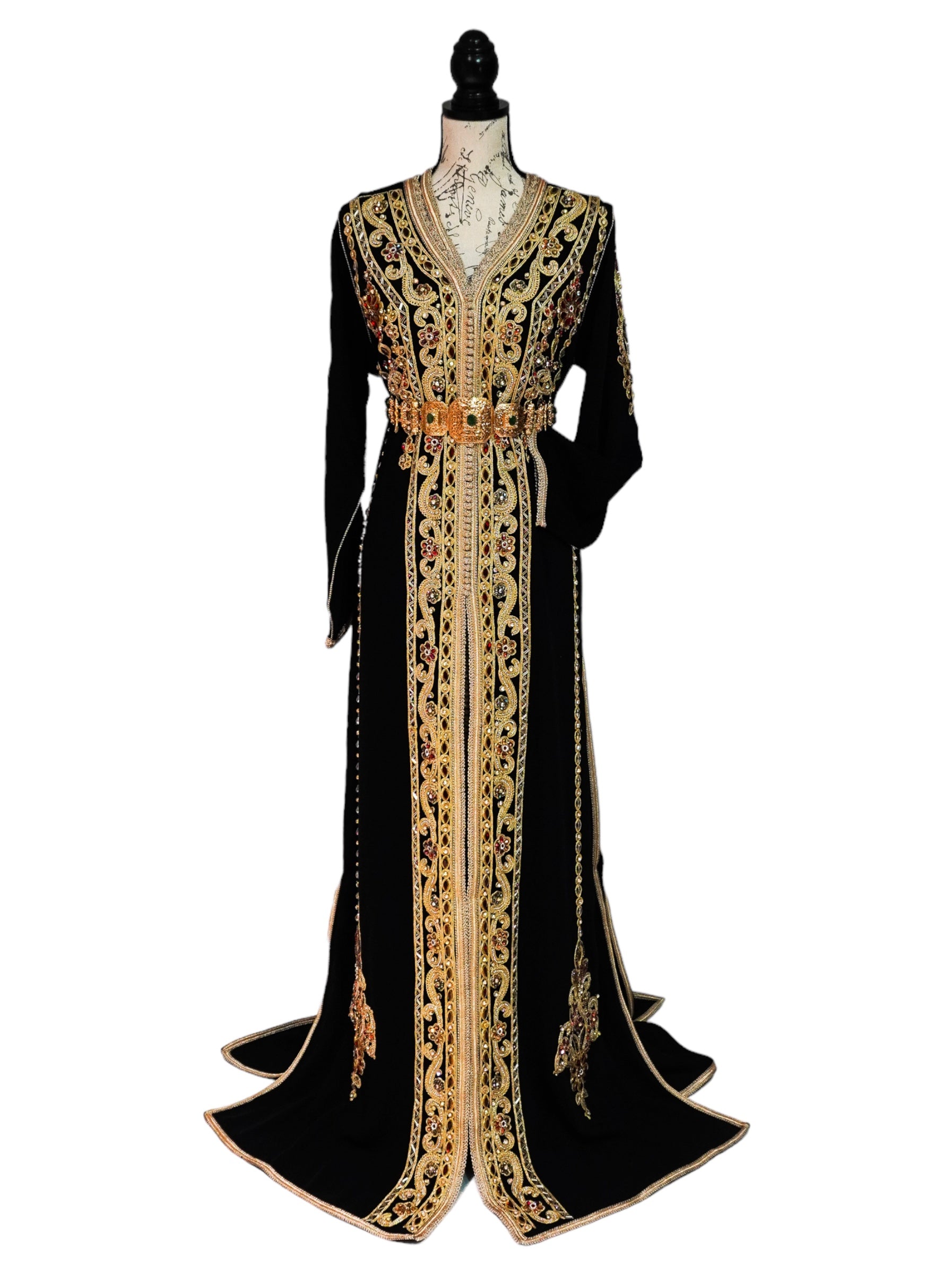 Midnight Majesty: Gold-Embroidered Caftan