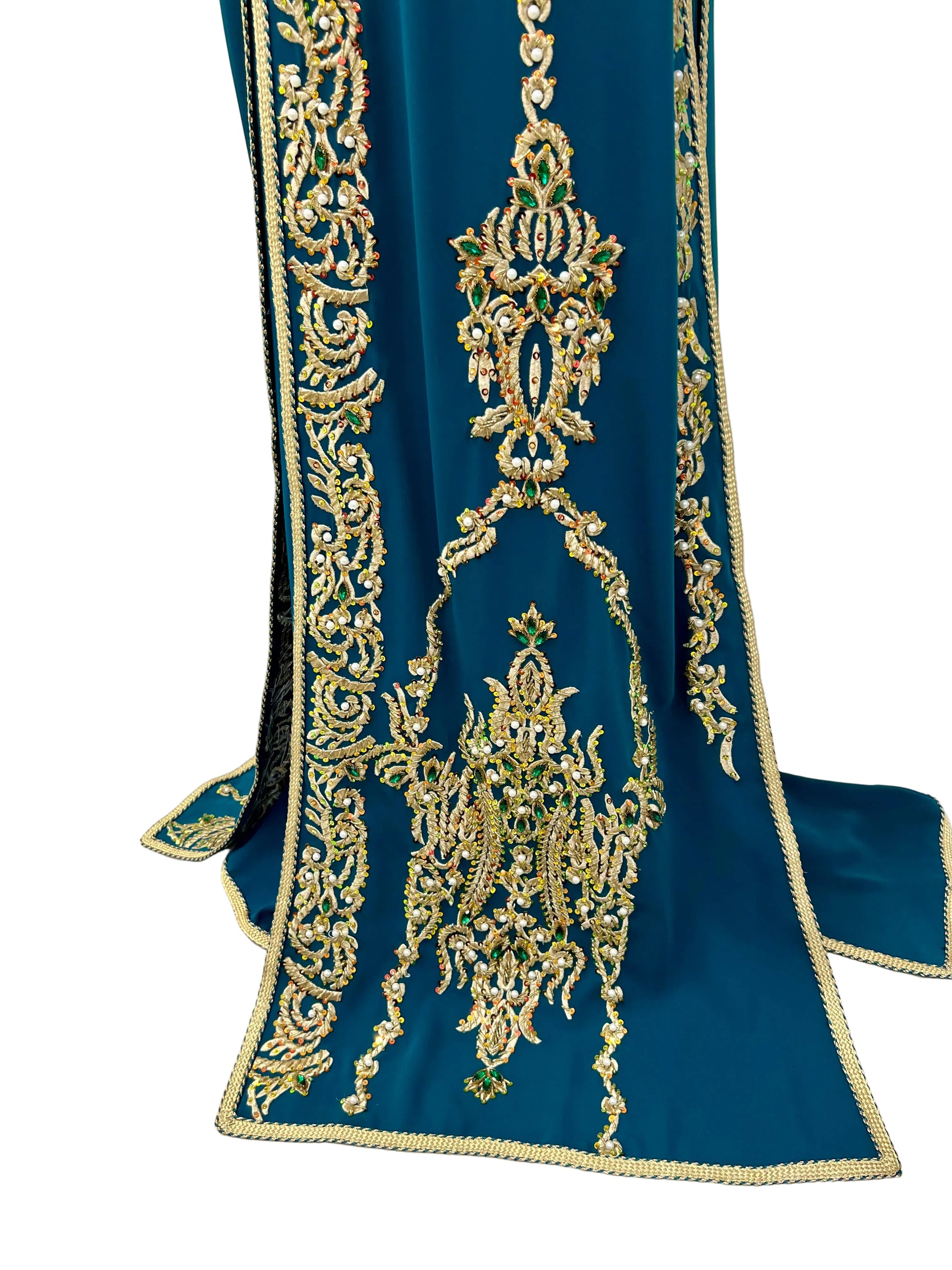 Moroccan Formal Dress – Luxury Teal Crepe Takchita with Gold Embroidery