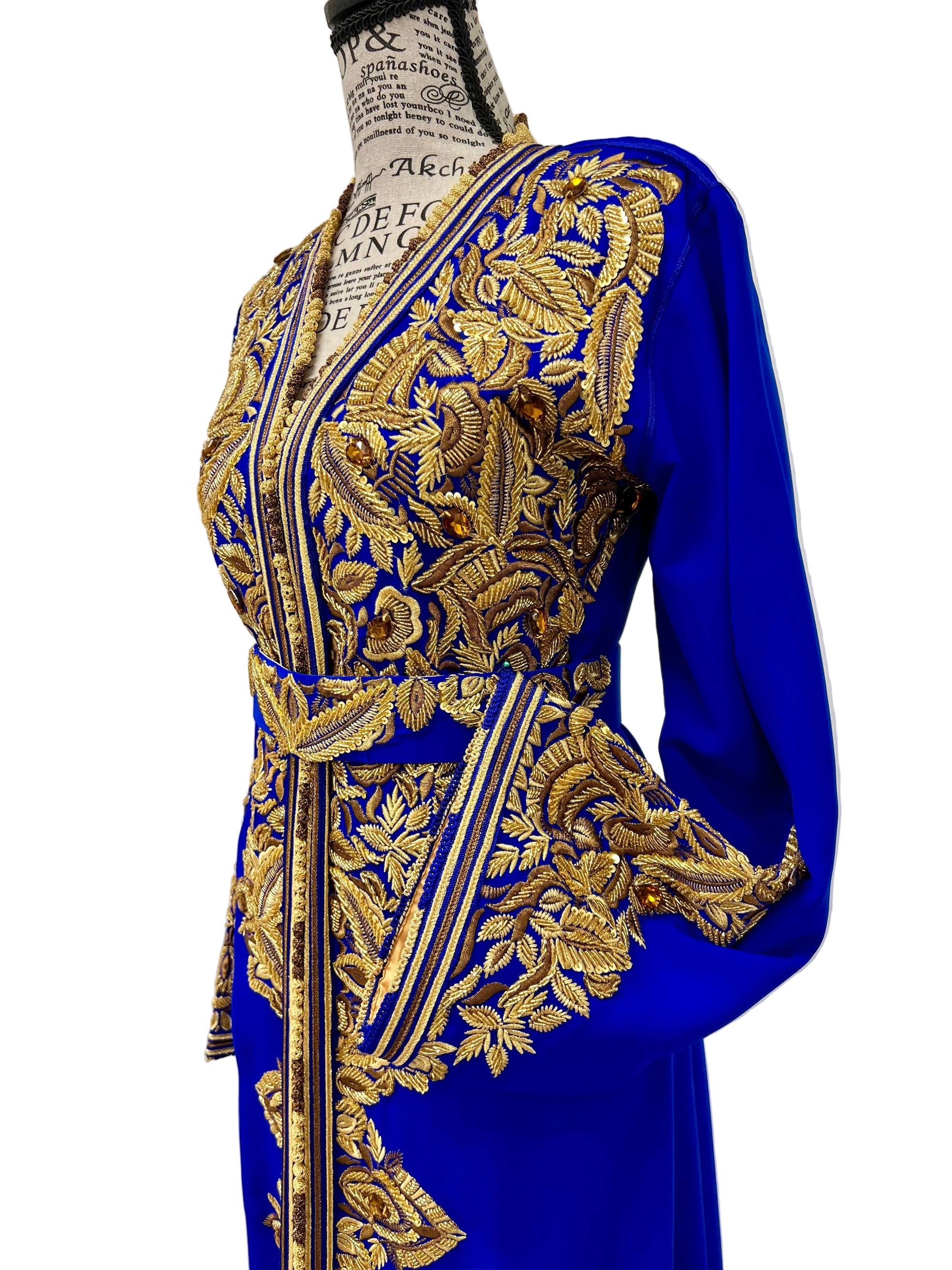 Moroccan Royal Blue Caftan with Gold and Bronze Embroidery, Satin Lined