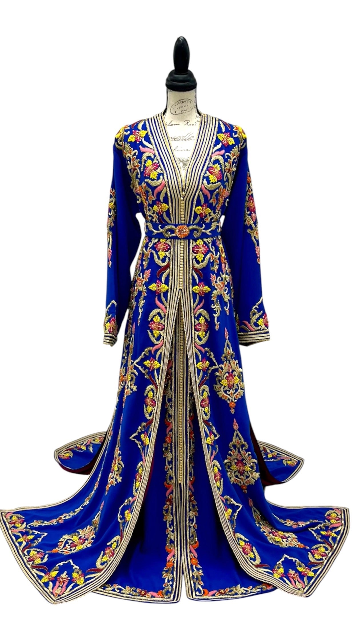 Traditional Moroccan Bridal Caftan Royal Blue Two Piece Takchita Wedding Dress Gold Embroidery Hand Beaded Luxury Kaftan Fuchsia Satin Lining Floral Vine Motifs Embroidered Train Coordinating Belt Formal Ceremony Attire Special Occasion