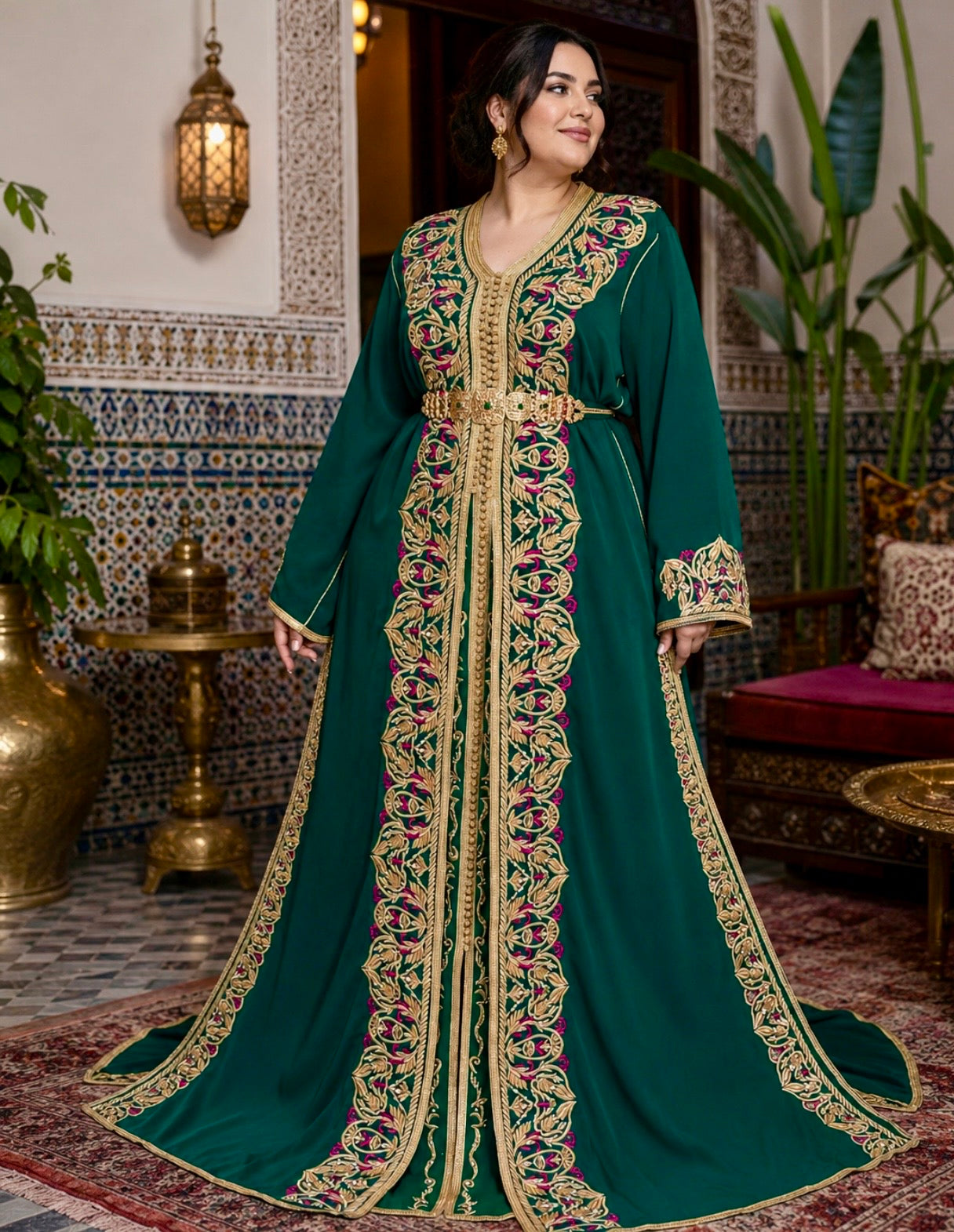 Emerald Bloom Caftan – Two-Piece Elegance with Gold & Fuchsia Embroidery
