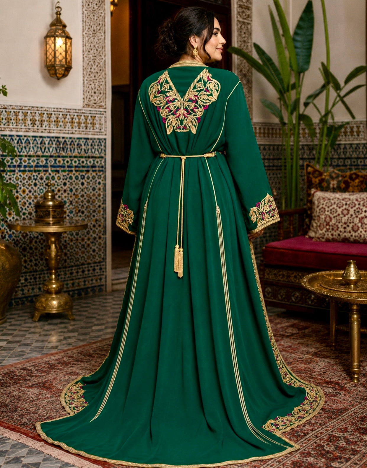 Emerald Bloom Caftan – Two-Piece Elegance with Gold & Fuchsia Embroidery