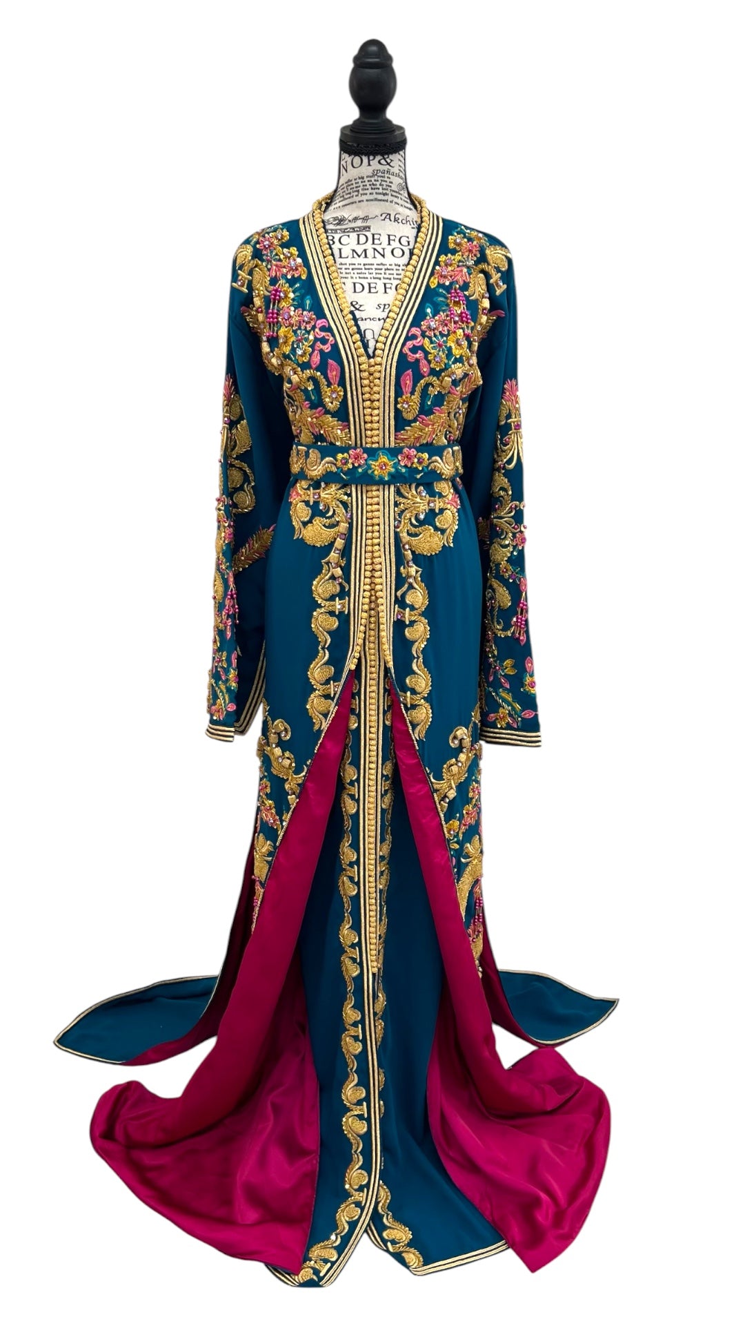 Teal & Magenta Moroccan Bridal Takchita with Hand-Beaded Gold Embroidery