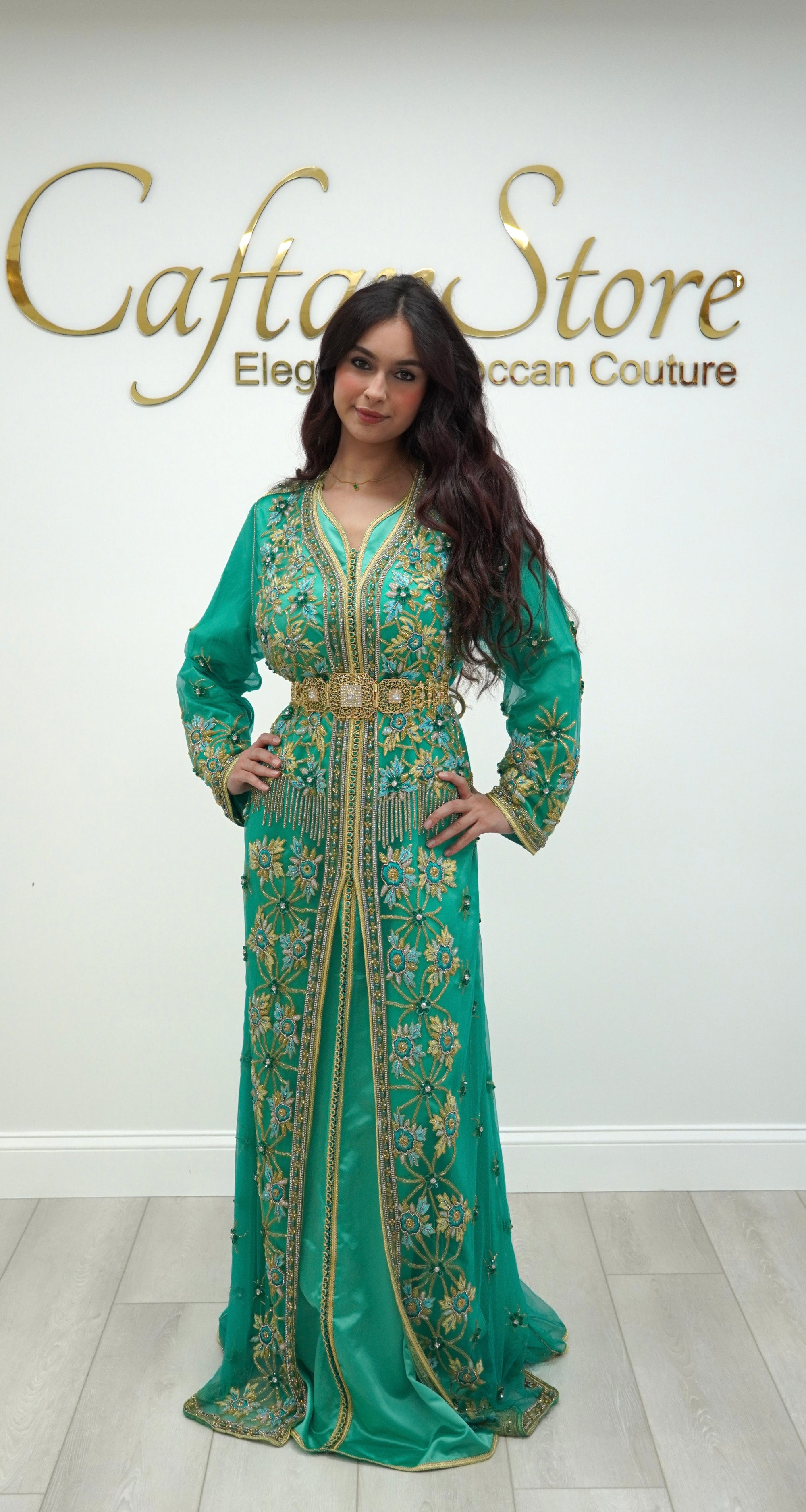 Emerald Green Moroccan Caftan – 2-Piece Embroidered Tulle Takchita