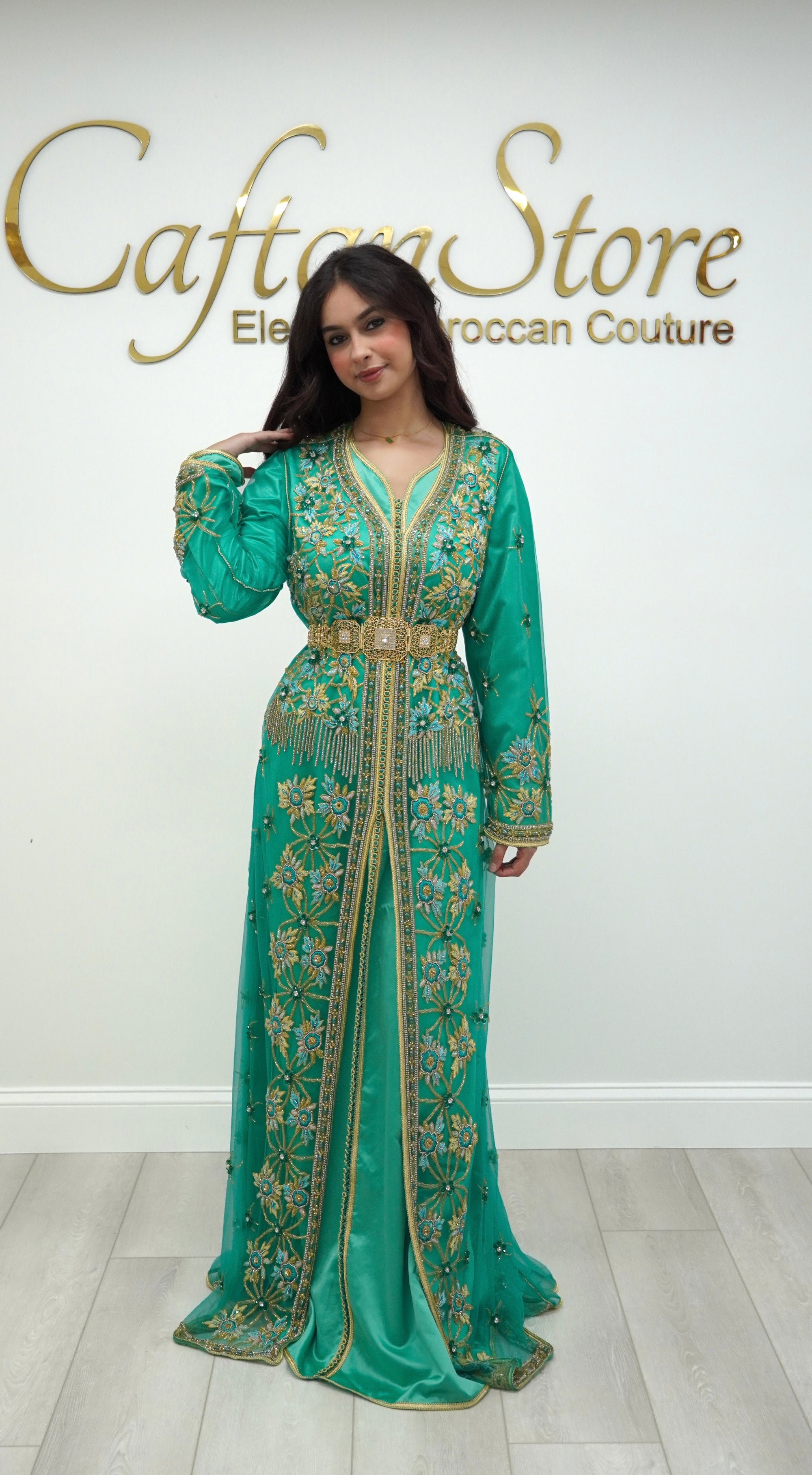 Emerald Green Moroccan Caftan – 2-Piece Embroidered Tulle Takchita