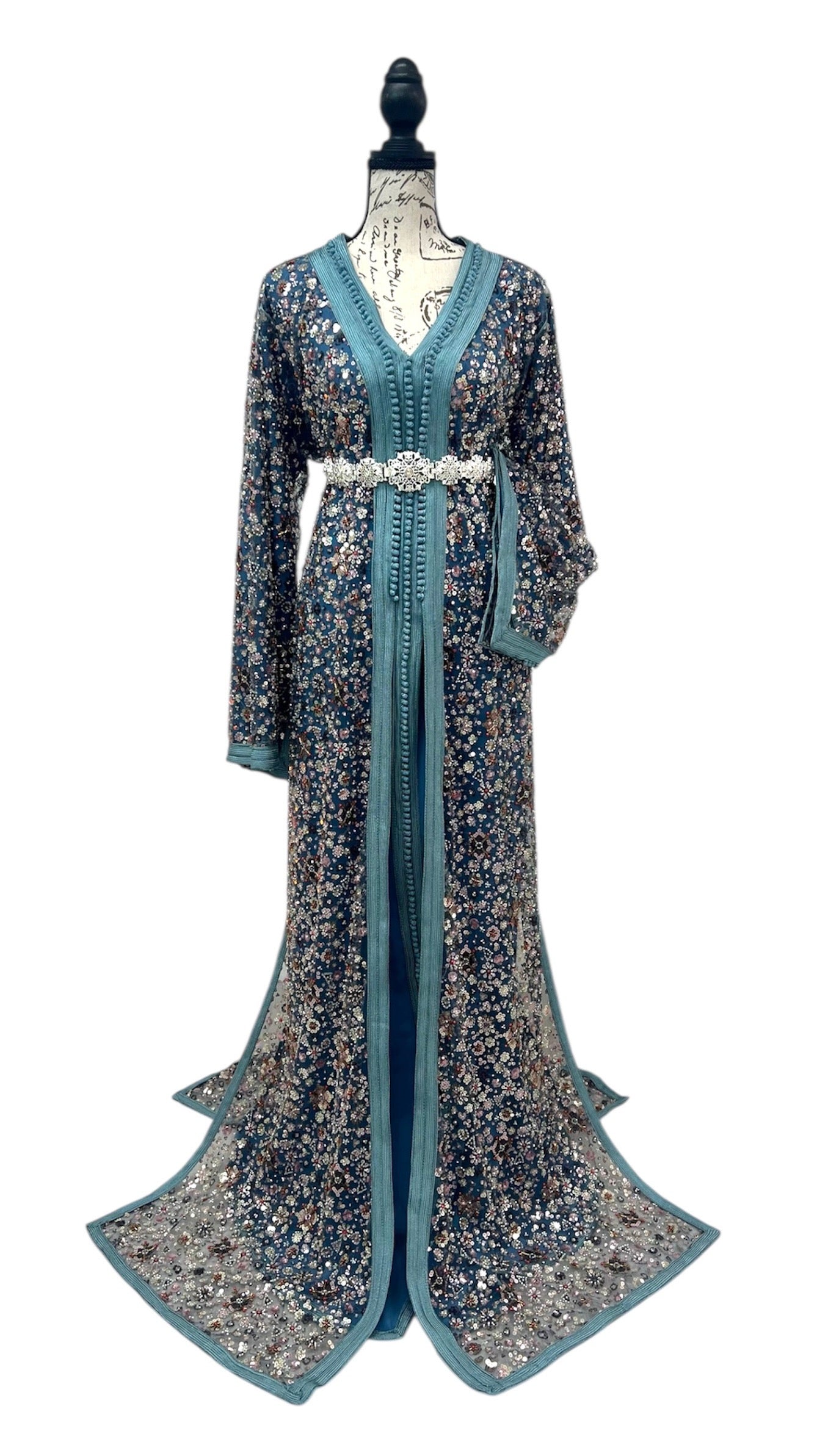 Teal Caftan with Sequins & Beaded Details