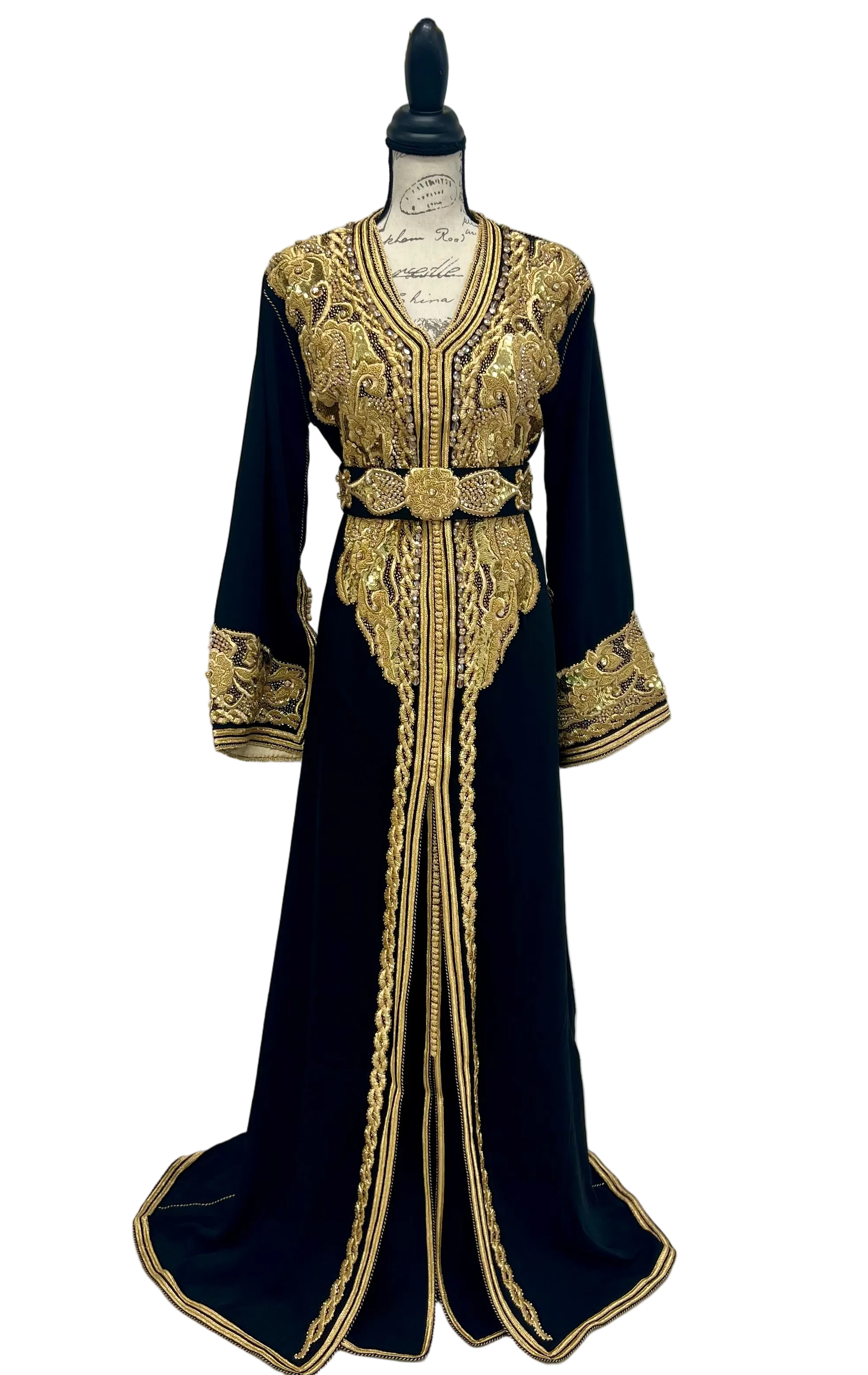 Formal Evening Wear Moroccan Caftan Two Piece Dress Black Gold Embroidered Beaded Kaftan Hand Embroidered Details Soft Crepe Fabric Elegant Party Outfit Wedding Guest Dress Special Event Attire Traditional Design Gold Detailing Back Sleeves
