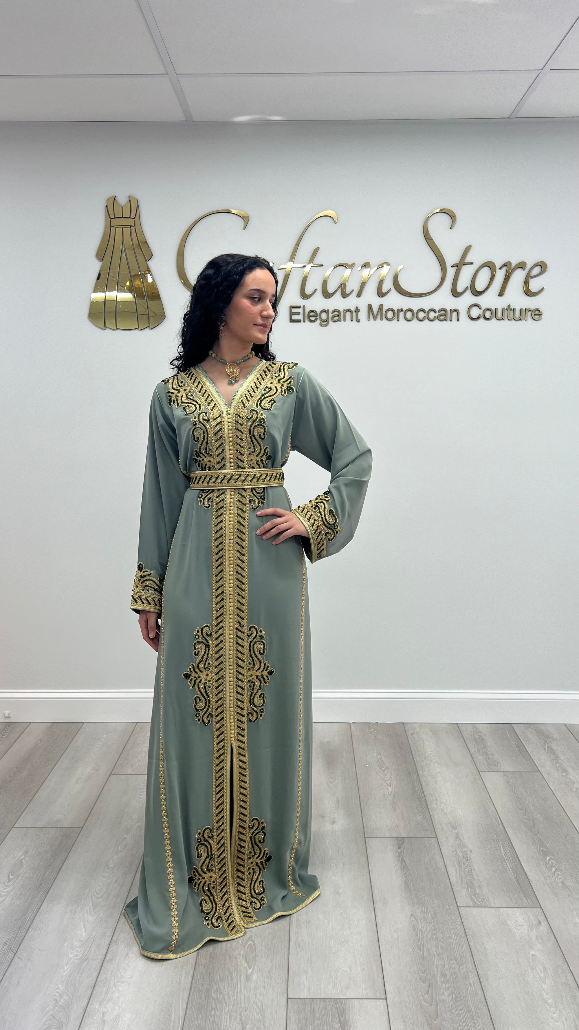 Sage Green Moroccan Caftan with Gold and Green Embroidery - Perfect for Any Occasion