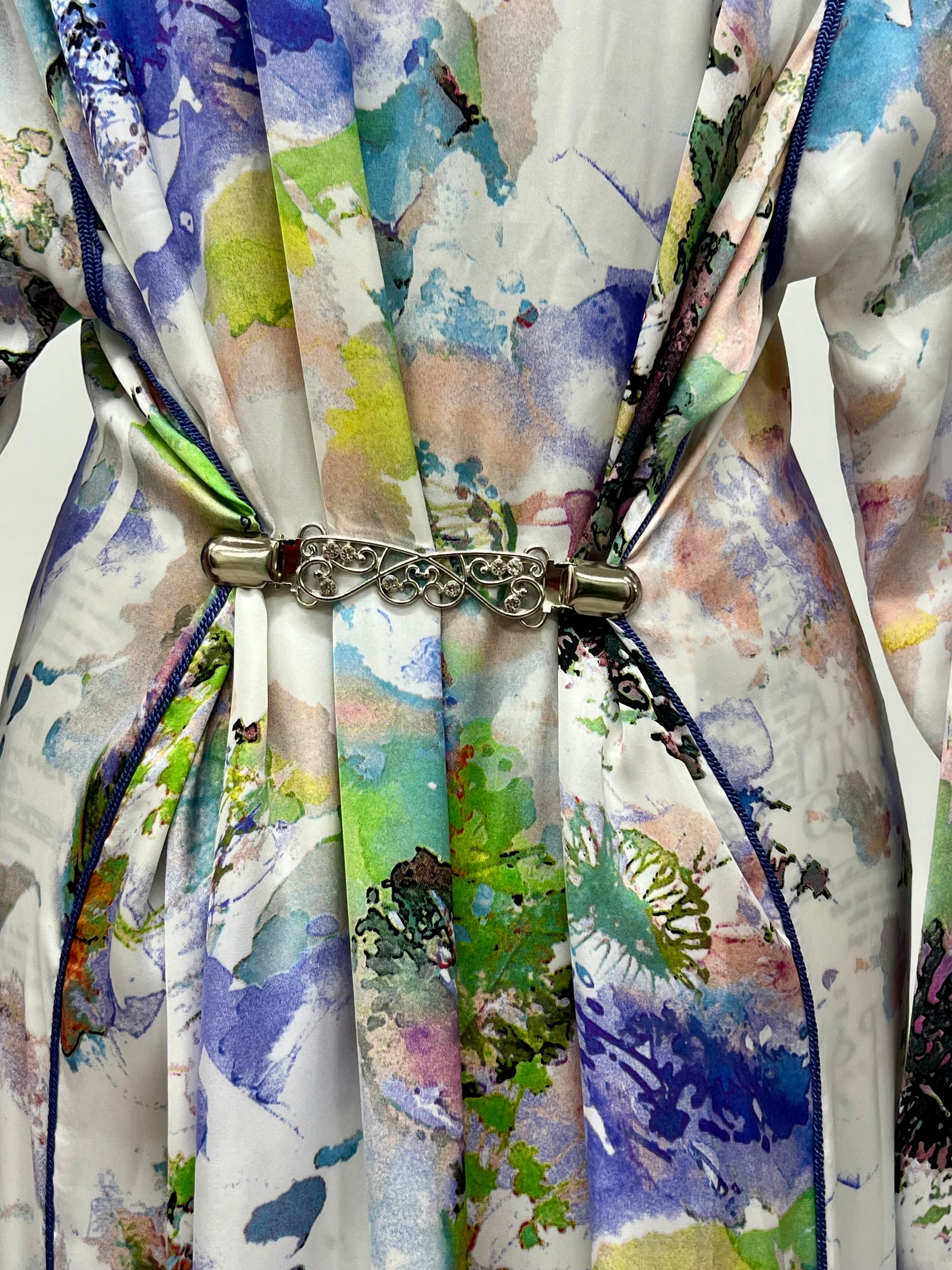 One-Piece Moroccan Satin Silk Caftan – Abstract Floral Print | Modest Luxury Dress
