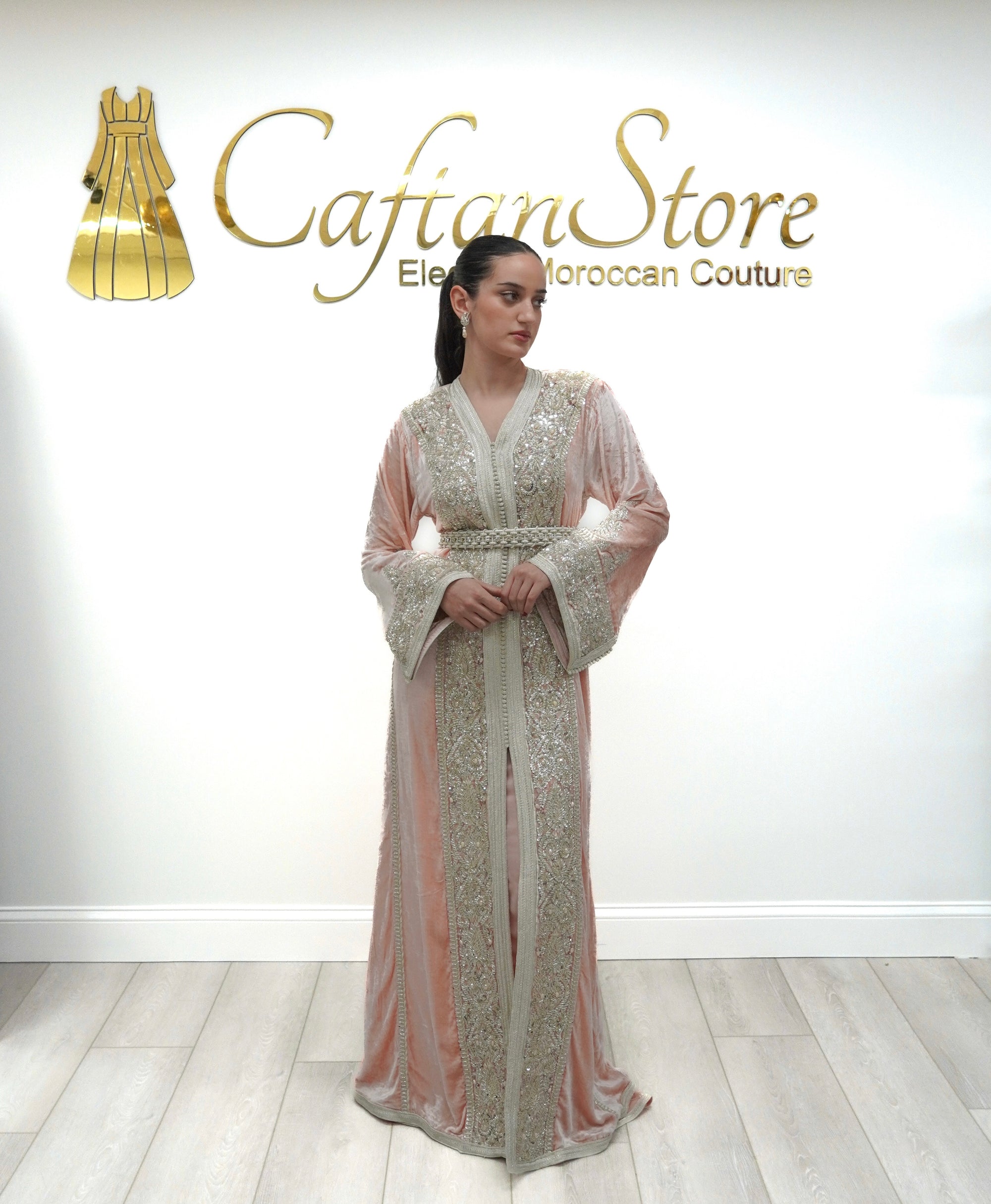 Blush Pink Silk Velvet Moroccan Caftan – Hand-Beaded Regal Elegance