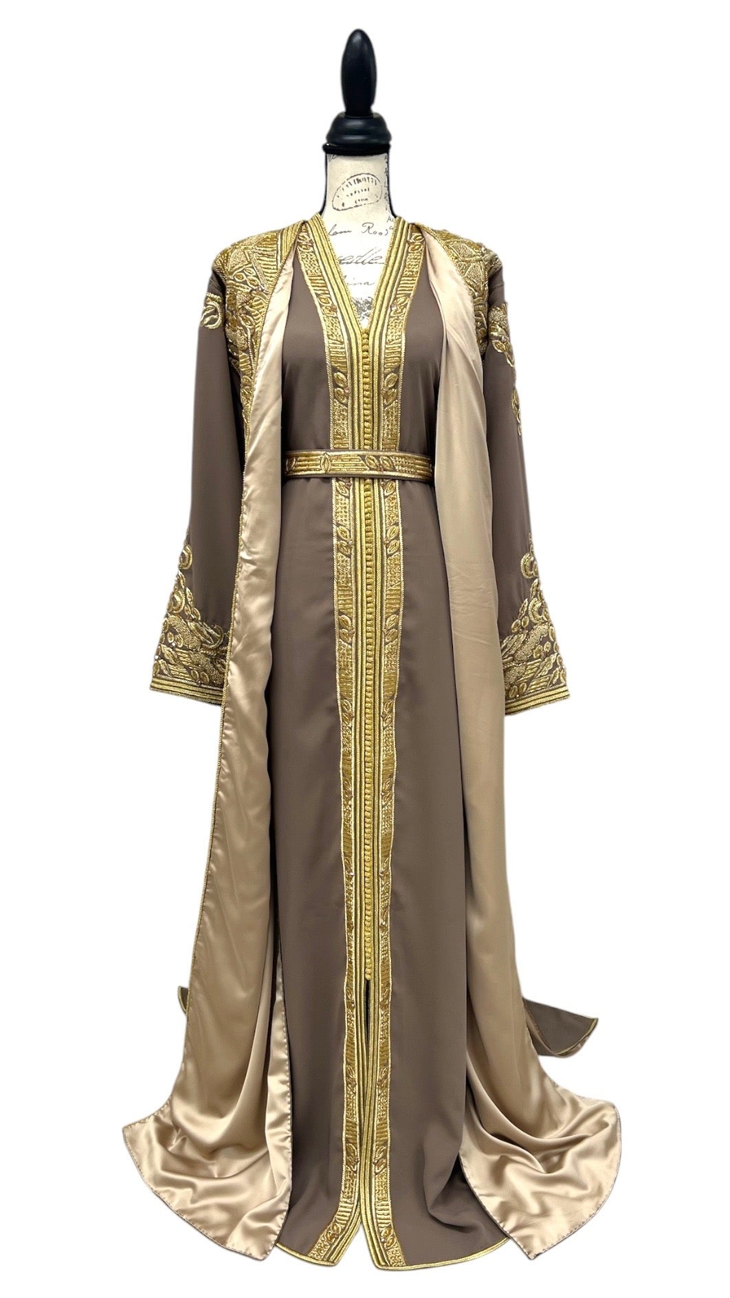 Moroccan Takchita – Two-piece Gold Embroidered Mocha Taupe Luxury Caftan