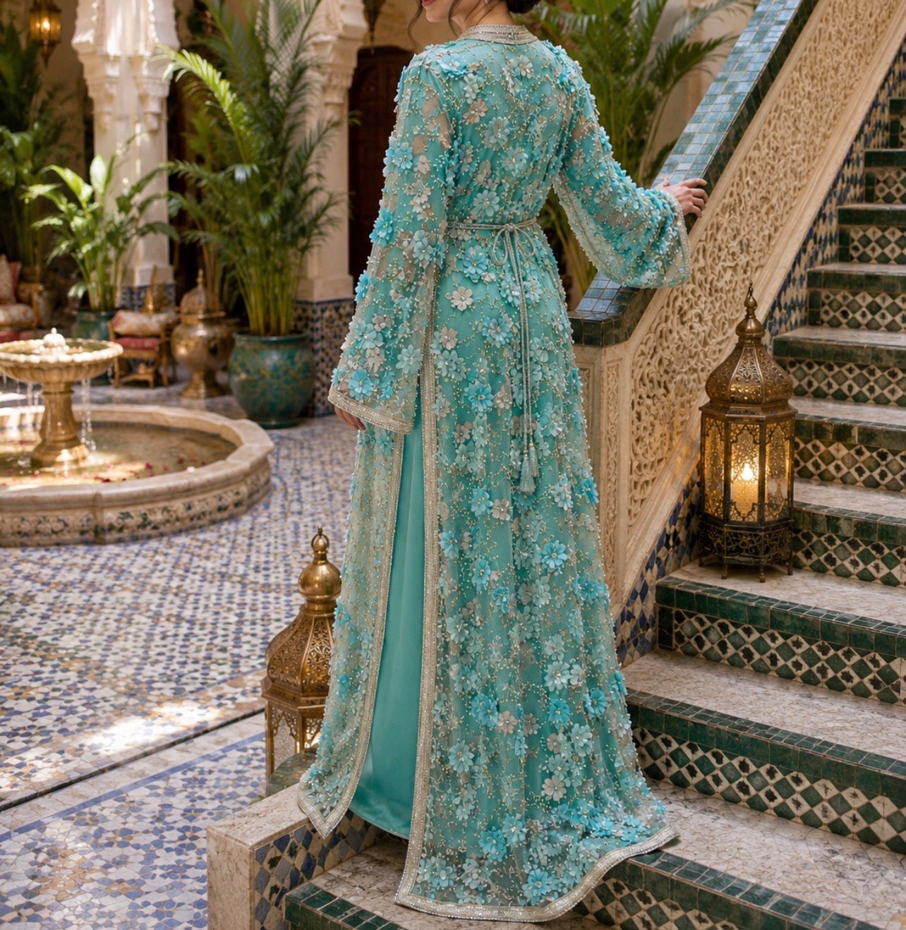 Luxury 3D Floral Moroccan Caftan | Hand-Beaded Two-Piece Tulle Takchita