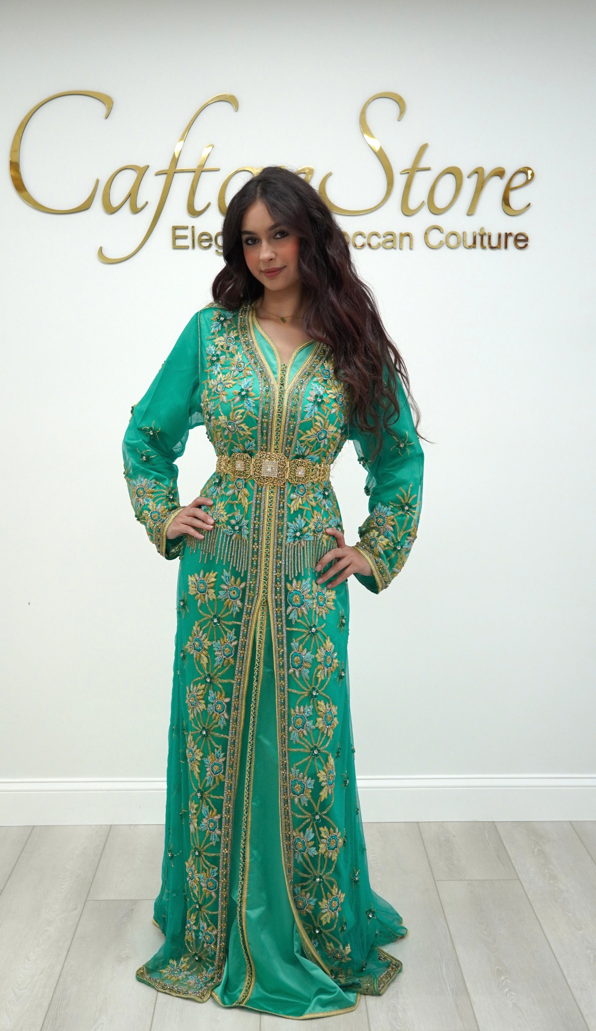 Emerald Green Moroccan Caftan – 2-Piece Embroidered Tulle Takchita