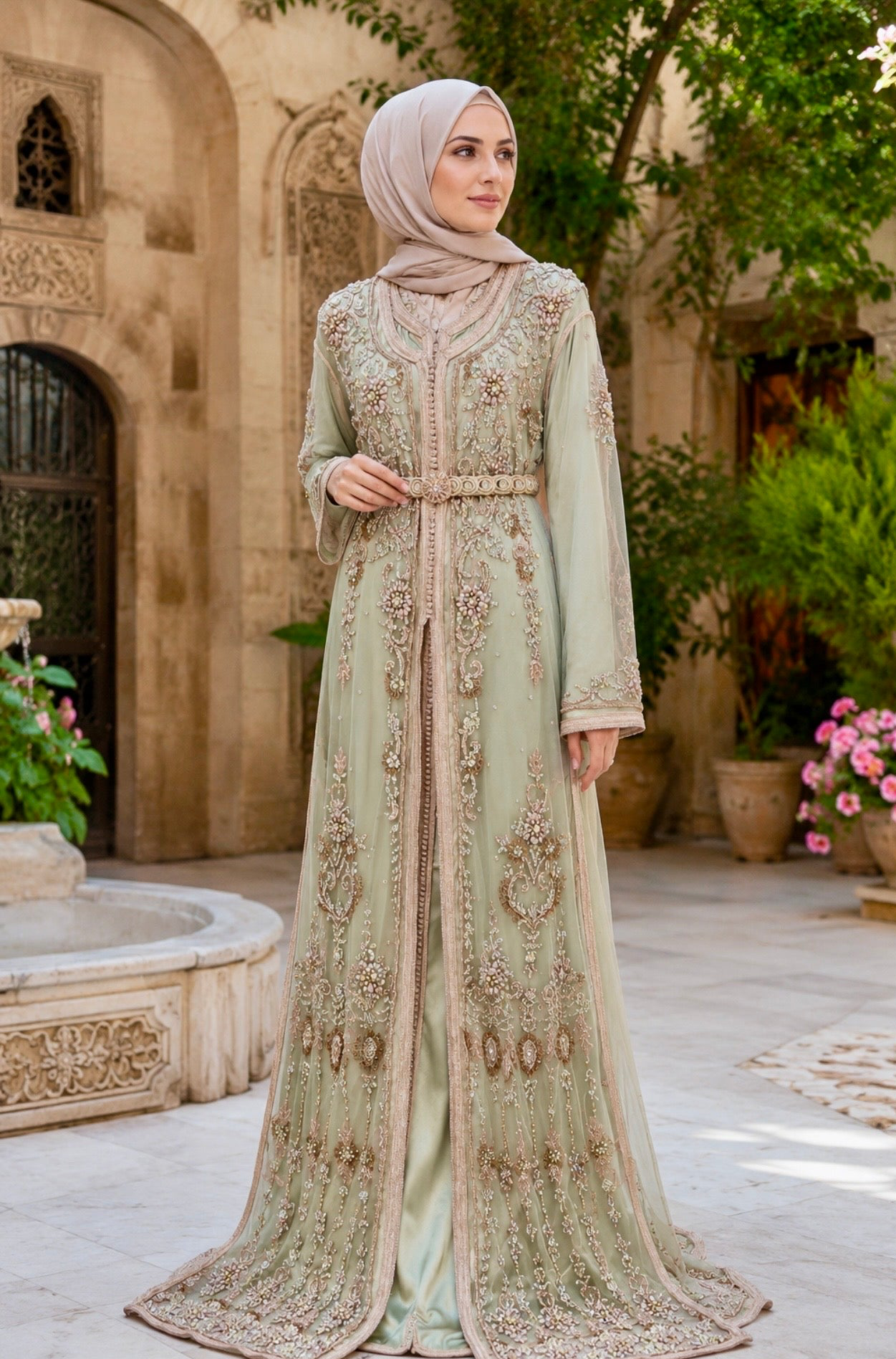 Sage Green Prom Dress Two Piece Evening Gown Long Sleeve Formal Dress Modest Coverage Tulle Fabric Rose Gold Embroidery Crystal Beads Blush Floral Accents Gold Satin Lining Decorative Belt Floor Length Special Occasion Outfit Elegant Formal