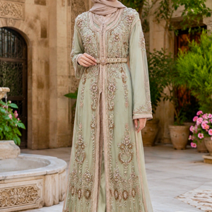 Sage Green Prom Dress Two Piece Evening Gown Long Sleeve Formal Dress Modest Coverage Tulle Fabric Rose Gold Embroidery Crystal Beads Blush Floral Accents Gold Satin Lining Decorative Belt Floor Length Special Occasion Outfit Elegant Formal