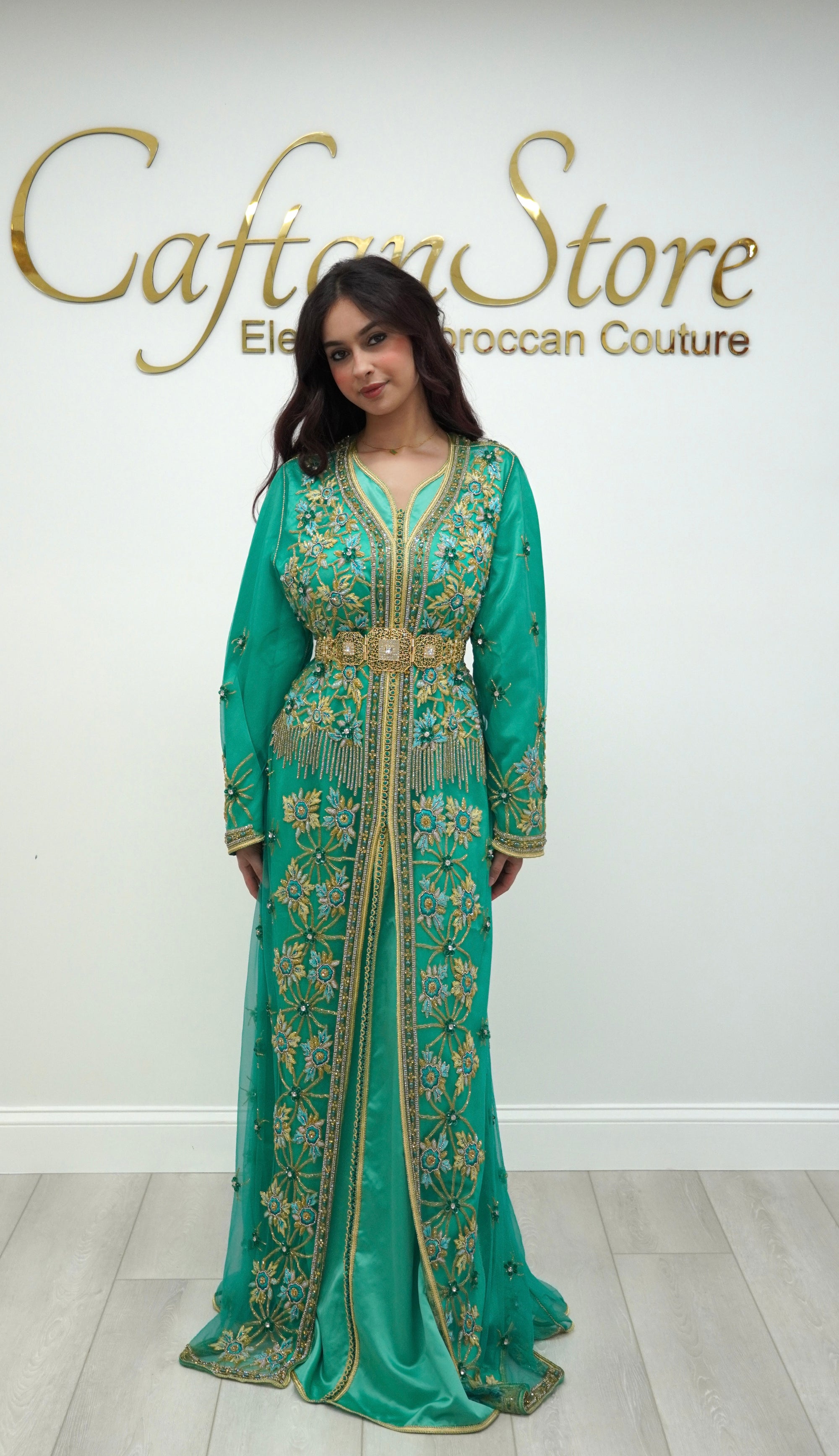 Emerald Green Moroccan Caftan – 2-Piece Embroidered Tulle Takchita