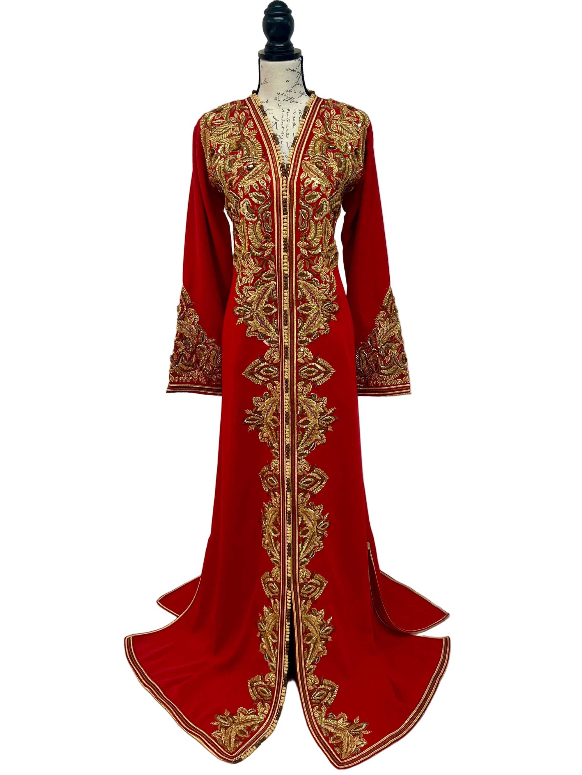 Embroidered Red Gown Traditional Moroccan Bridal Dress Henna Celebration Outfit Cultural Wedding Attire Gold Beadwork Bronze Embellishment Satin Lined Elegant Design Special Occasion Formal Wear One Piece Traditional Gown Luxury Ceremony