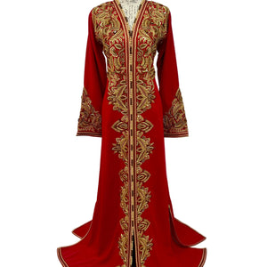 Embroidered Red Gown Traditional Moroccan Bridal Dress Henna Celebration Outfit Cultural Wedding Attire Gold Beadwork Bronze Embellishment Satin Lined Elegant Design Special Occasion Formal Wear One Piece Traditional Gown Luxury Ceremony