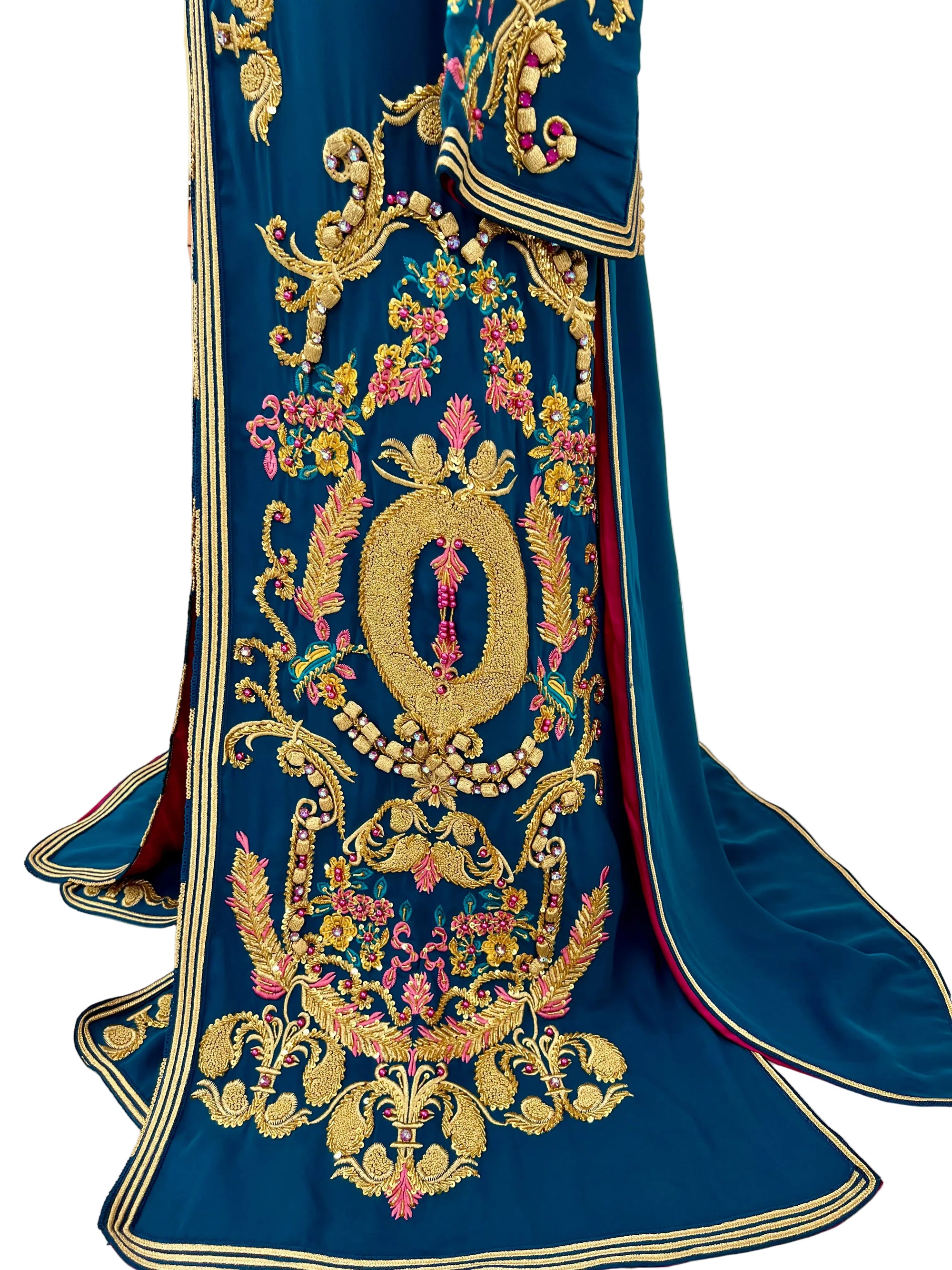 Teal & Magenta Moroccan Bridal Takchita with Hand-Beaded Gold Embroidery