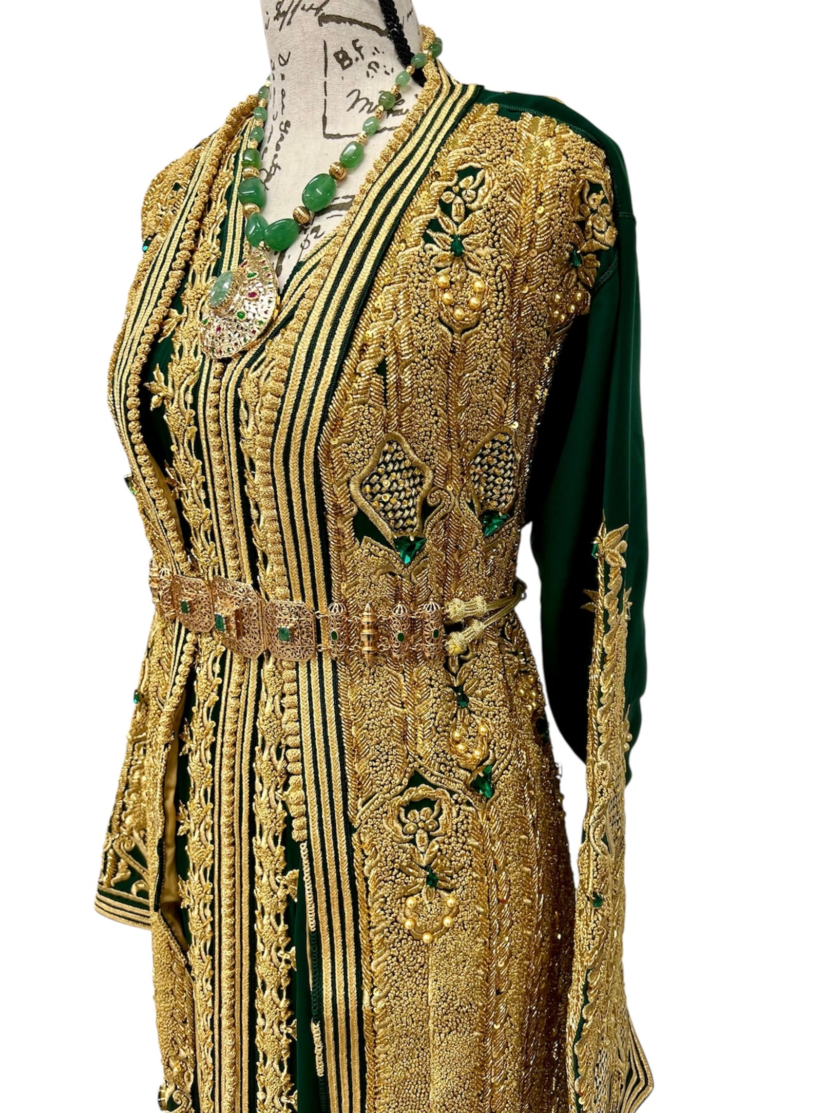 Luxury Emerald Green Moroccan Caftan, Designer Two Piece Bridal Takchita, Hand Beaded Gold & Emerald Stones