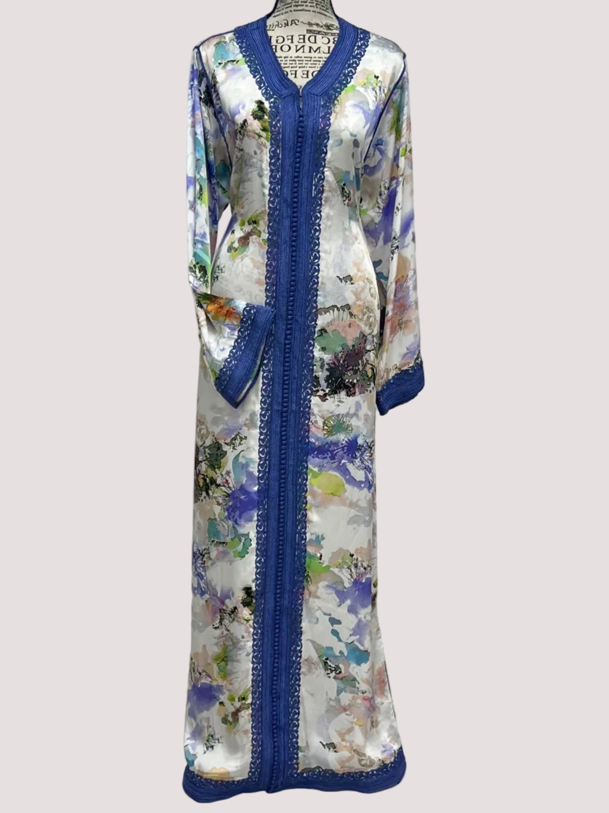 One-Piece Moroccan Satin Silk Caftan – Abstract Floral Print | Modest Luxury Dress
