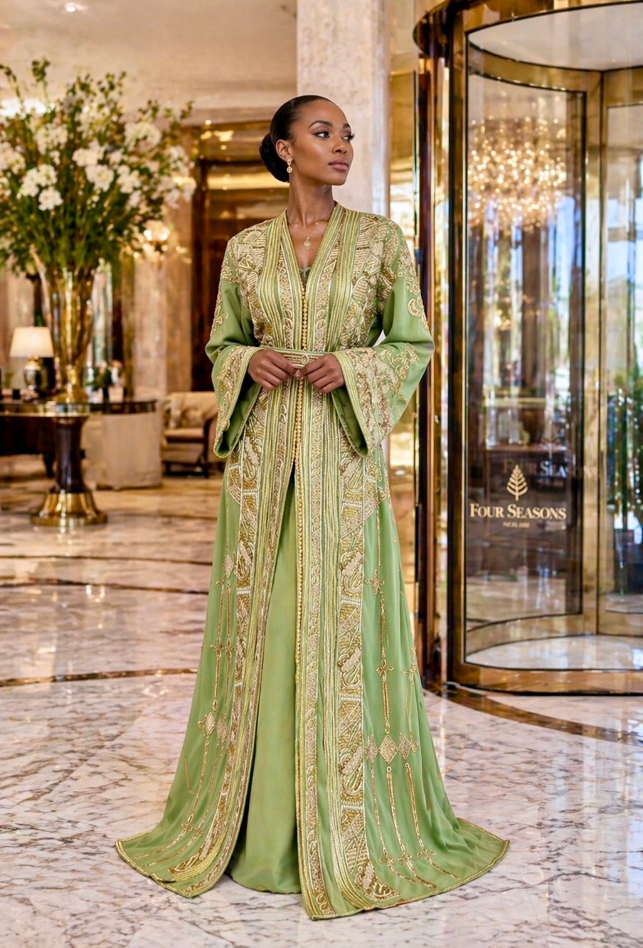 Sage Green Moroccan Takchita Luxury Two Piece Open Duster Caftan with Gold Embroidery