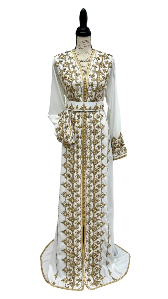 Majestic Glow: Luxurious Off-White Crepe Caftan with Intricate Gold Details
