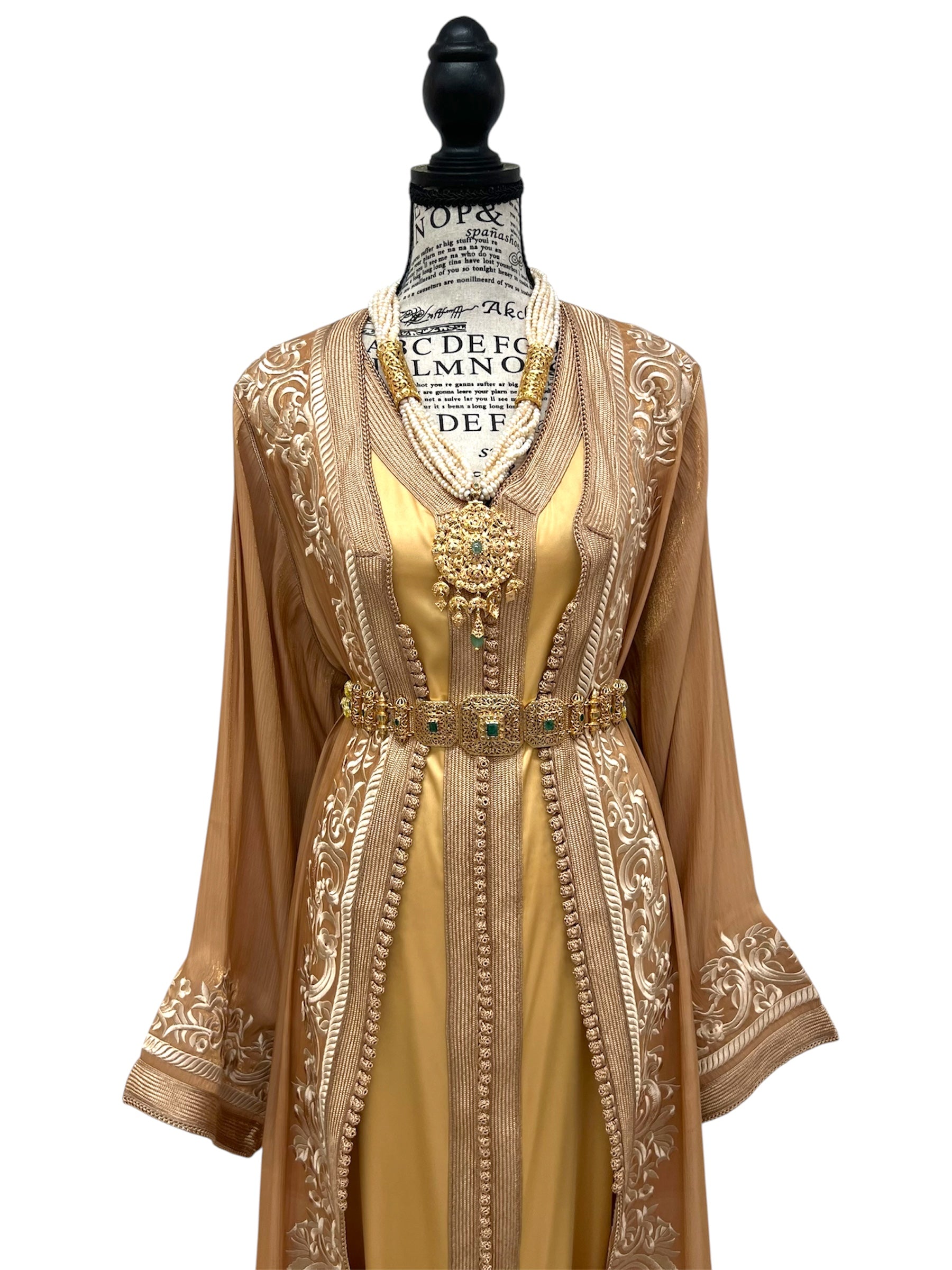 Light Camel Moroccan Takchita – Embroidered Two-Piece Organza Caftan