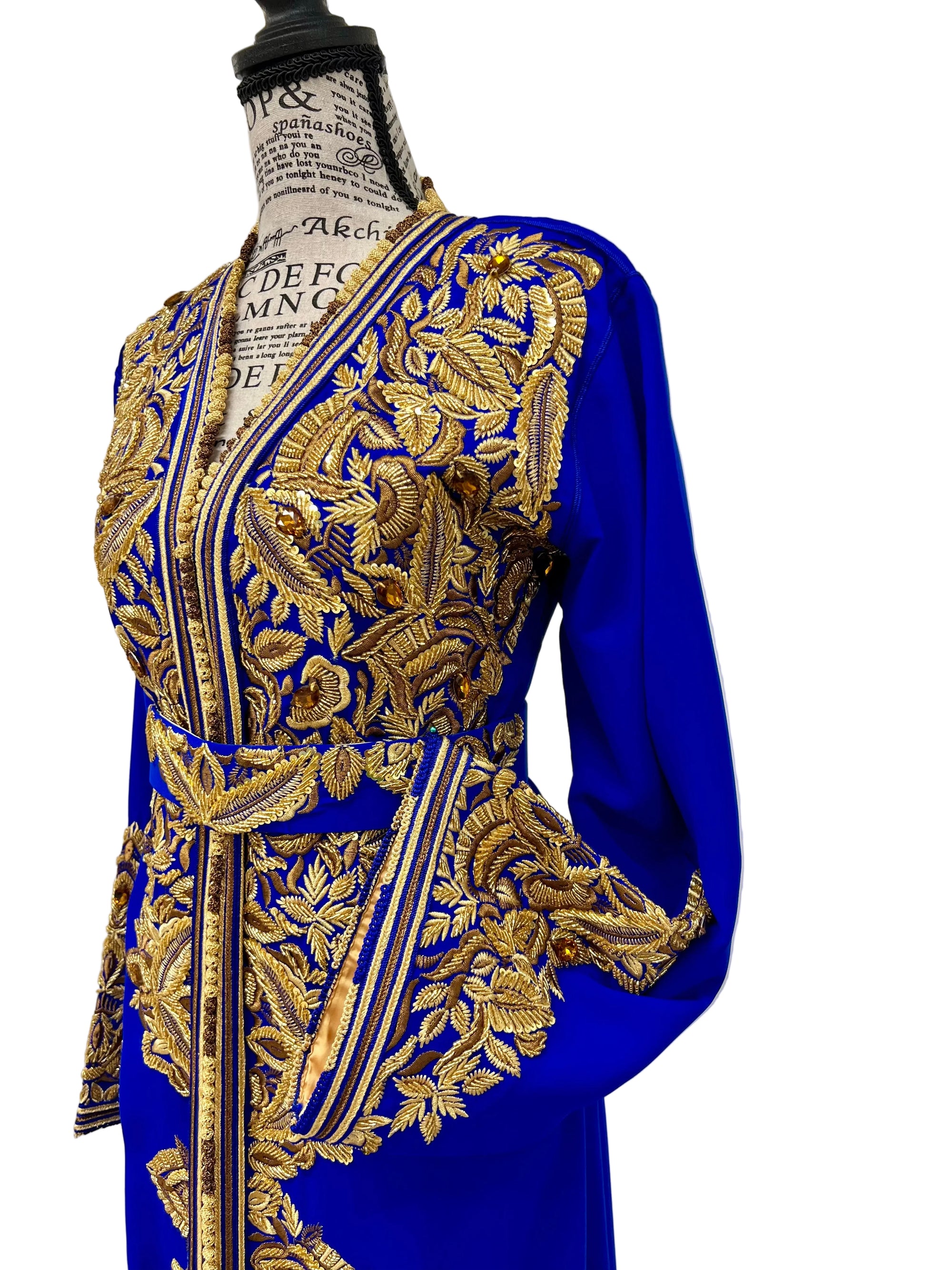 Moroccan Royal Blue Caftan with Gold and Bronze Embroidery, Satin Lined