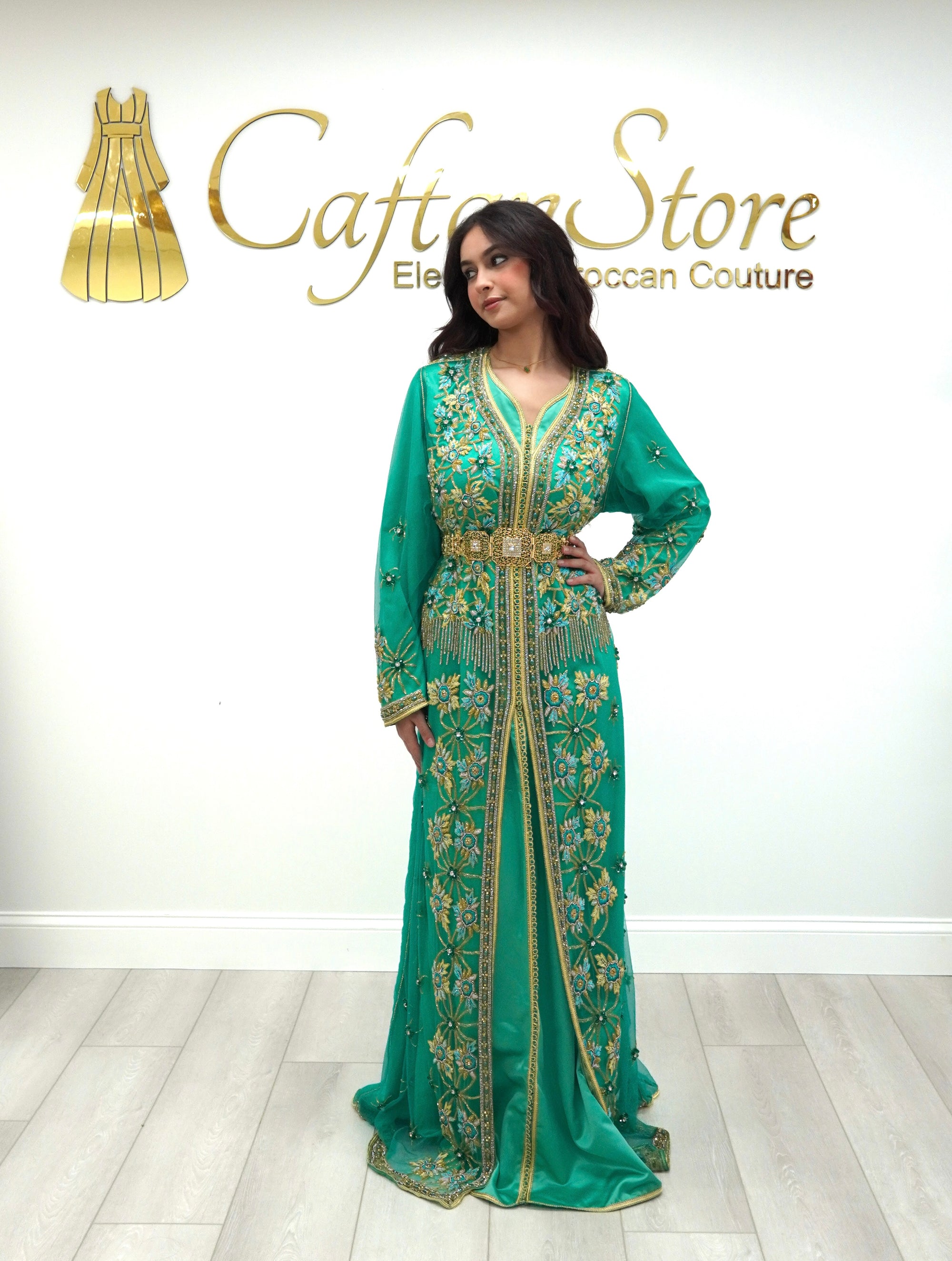 Emerald Green Moroccan Caftan – 2-Piece Embroidered Tulle Takchita