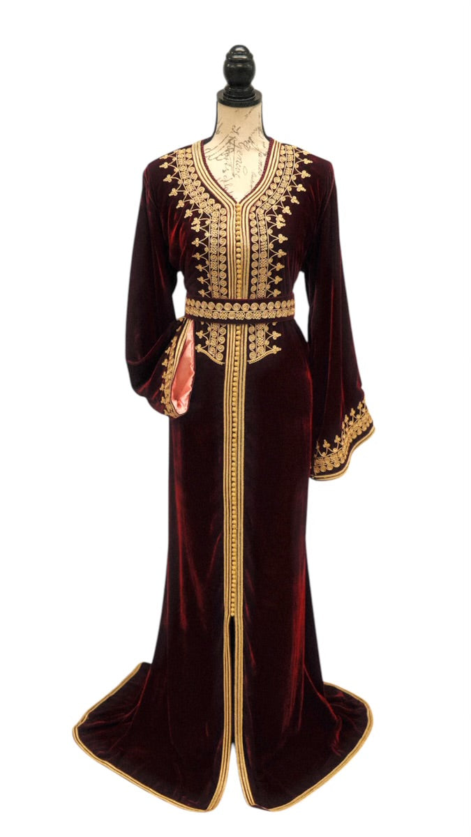 Timeless Burgundy Caftan with Exquisite Gold Embroidery and Baby Pink Contrast
