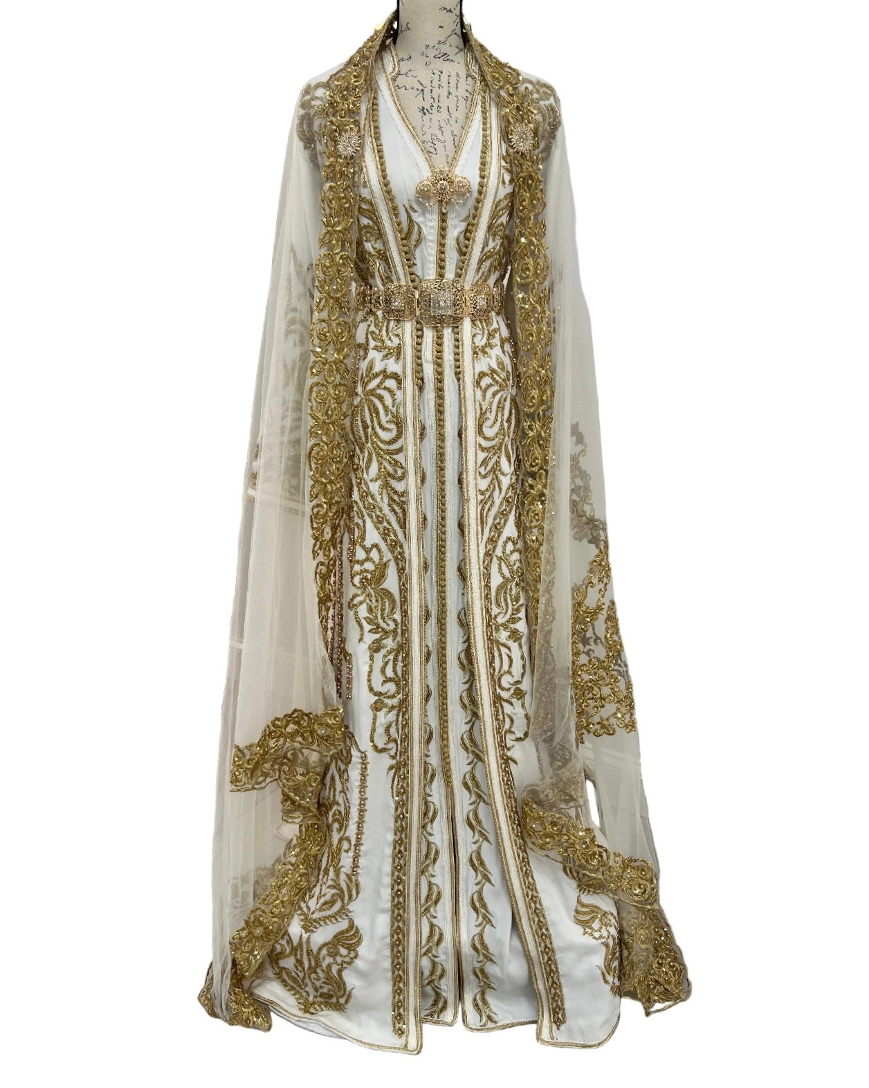 Zahra Moroccan Wedding Dress – White & Gold Embroidered Bridal Takchita Caftan