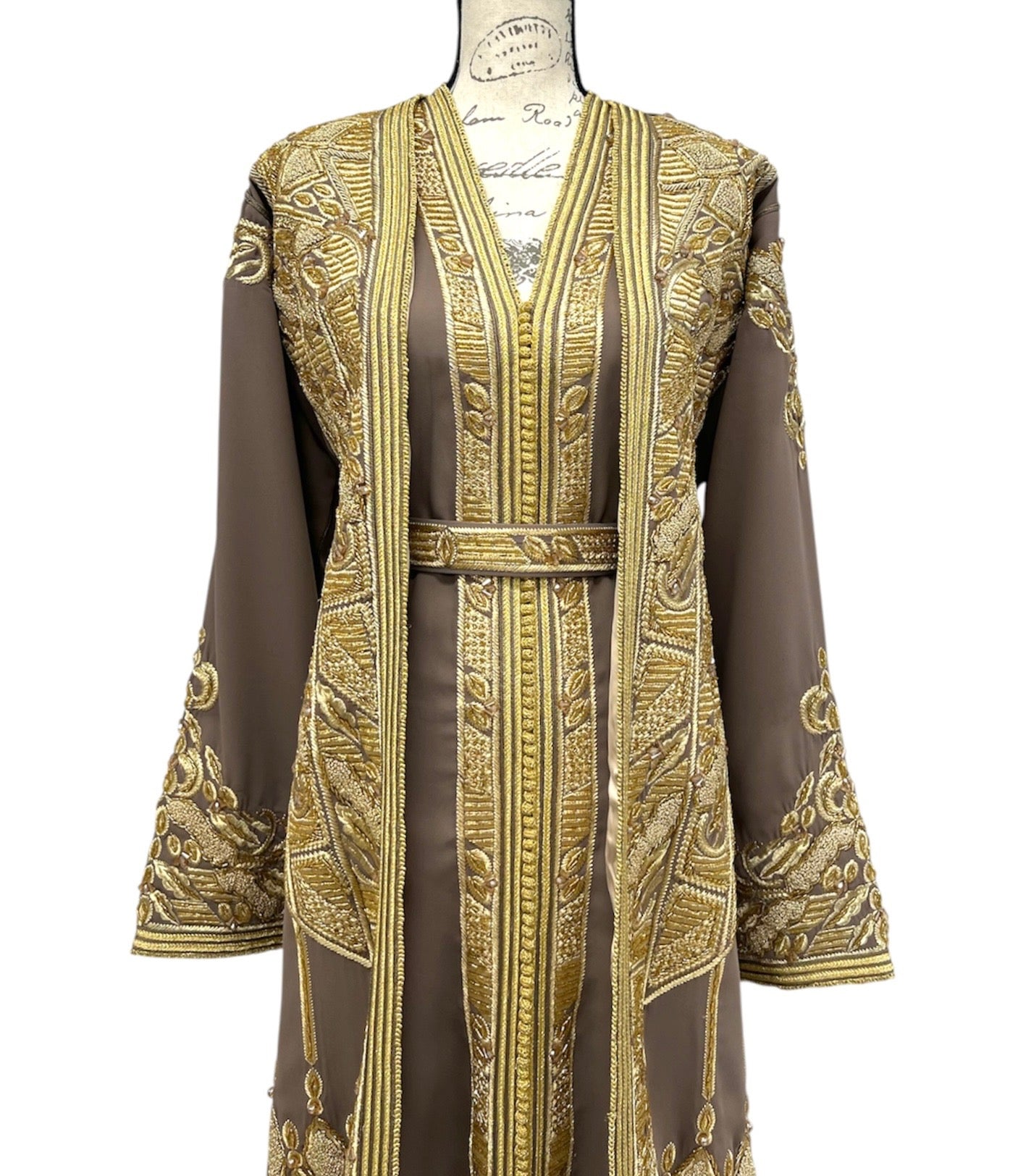 Moroccan Takchita – Two-piece Gold Embroidered Mocha Taupe Luxury Caftan