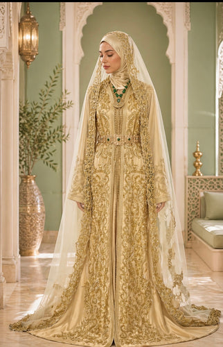 Bridal Takchita Luxury Wedding Dress Gold Embroidered Moroccan Gown Traditional Two Piece Ensemble Crepe Korea Fabric Premium Satin Gold Lining Intricate Beading Pearls Sequins Throughout Design Matching Veil Train Included Plus Size