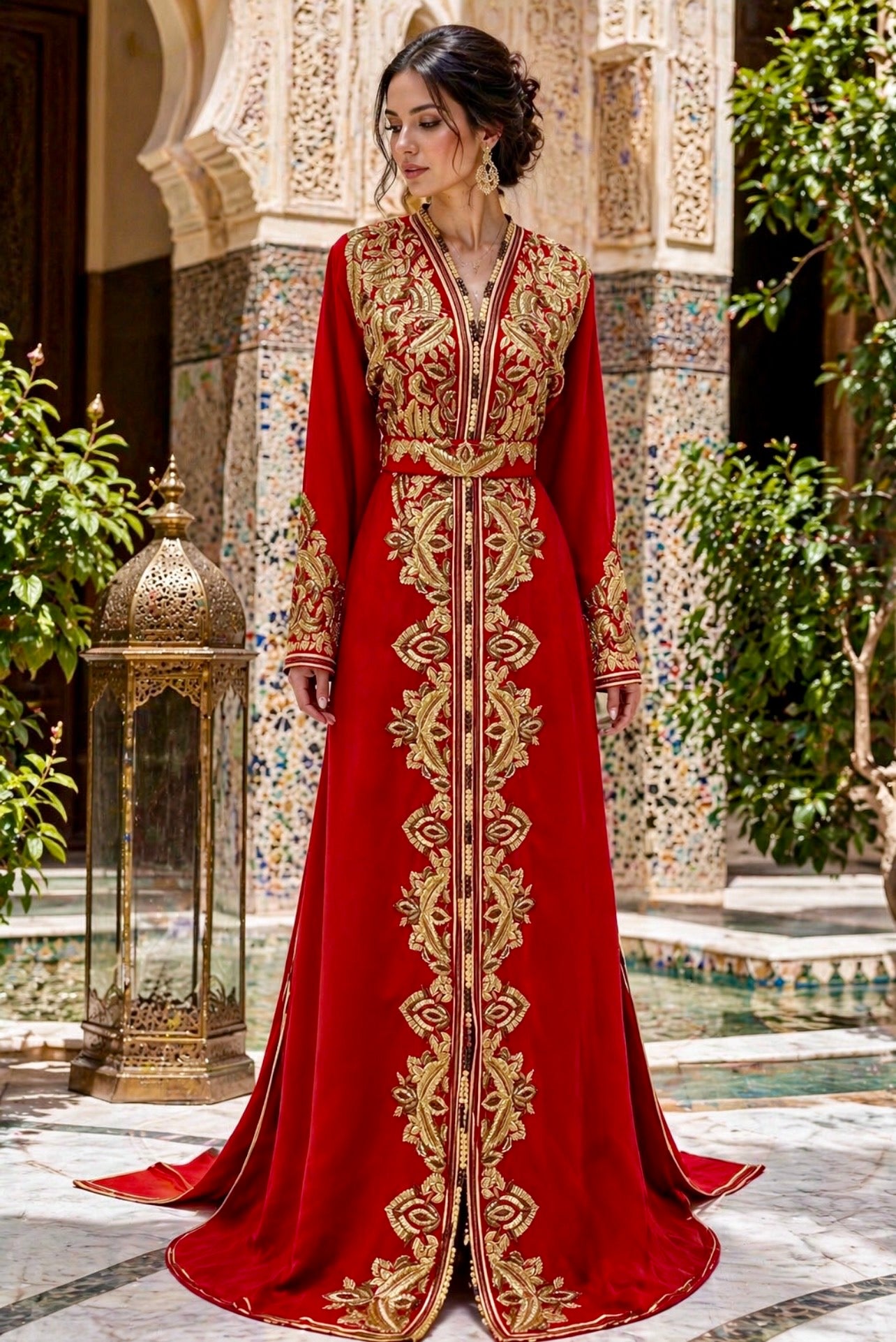 Moroccan Red Caftan with Gold and Bronze Embroidery, Satin Lined