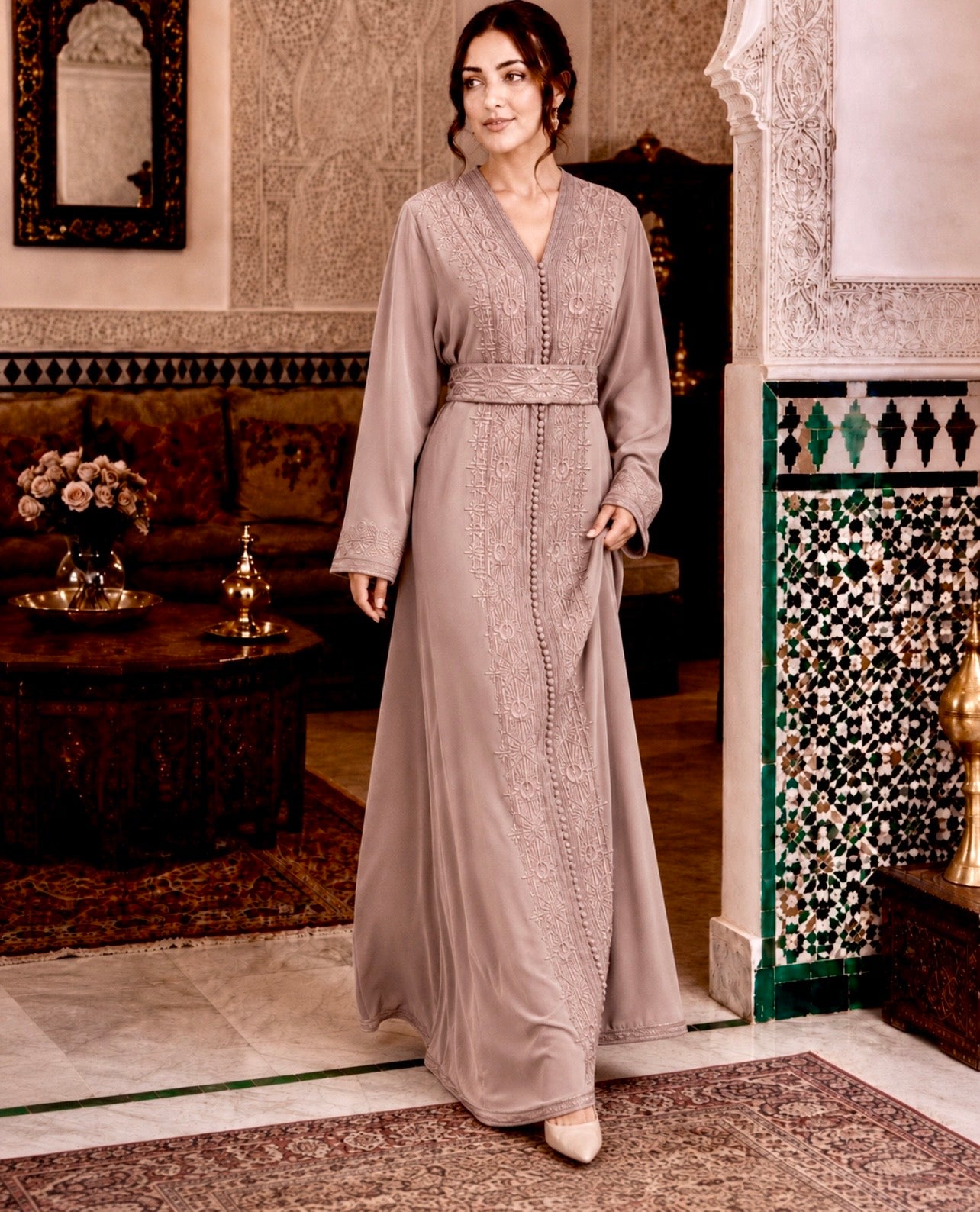 Moroccan Caftan – Embroidered Crepe Dress with Modest Long Sleeves