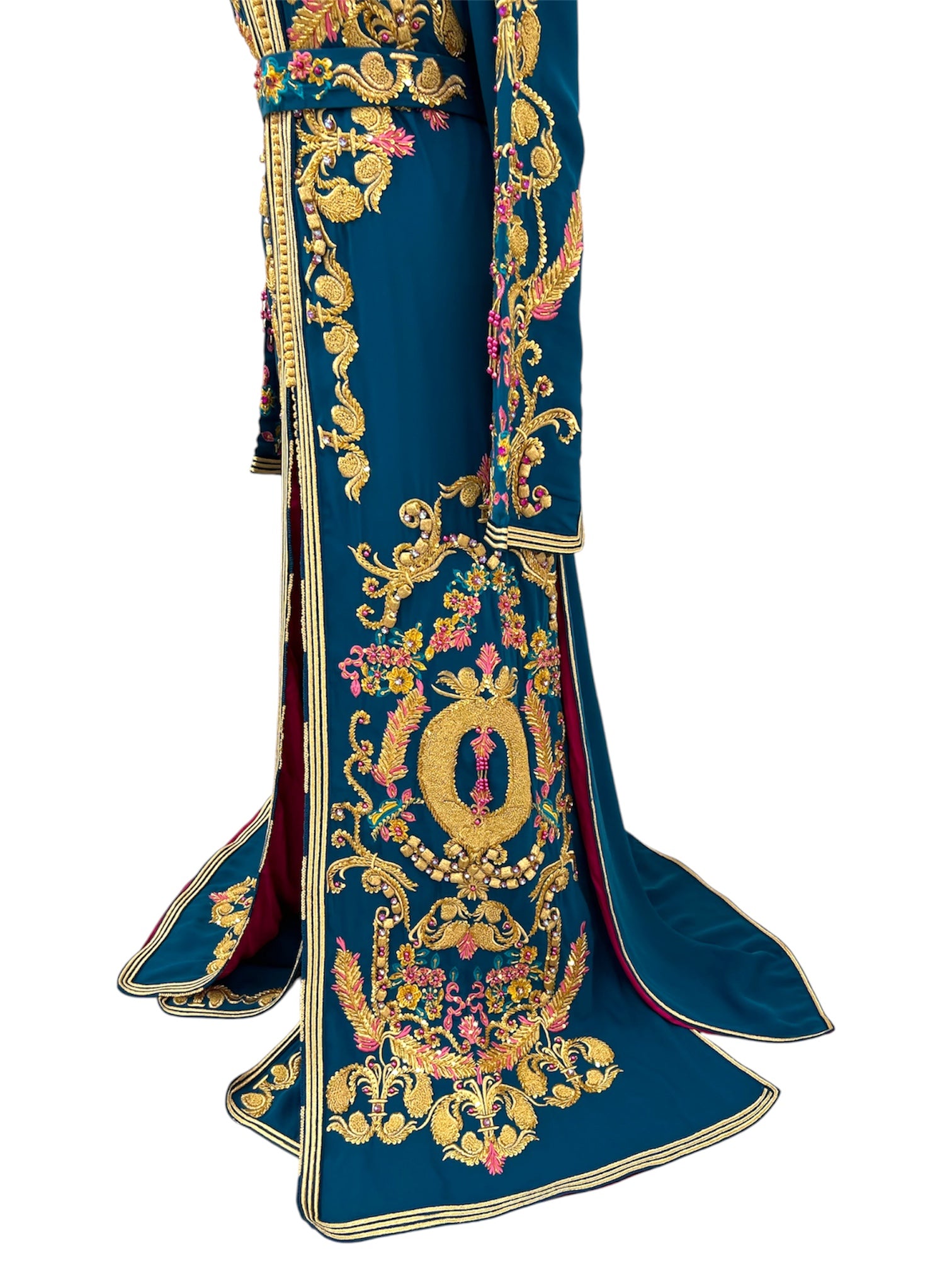 Teal & Magenta Moroccan Bridal Takchita with Hand-Beaded Gold Embroidery