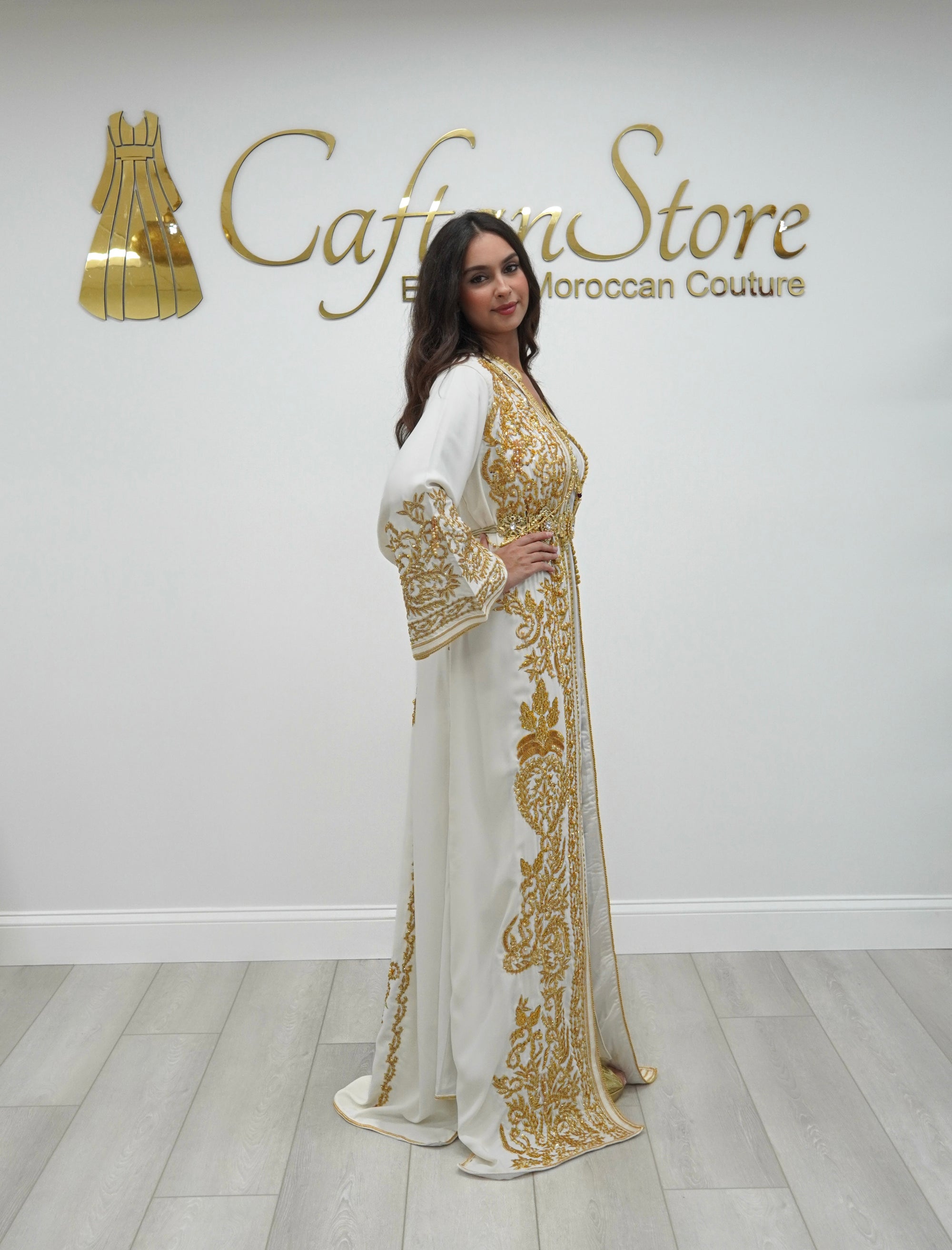 Zahra Moroccan Wedding Dress – White & Gold Embroidered Bridal Takchita Caftan