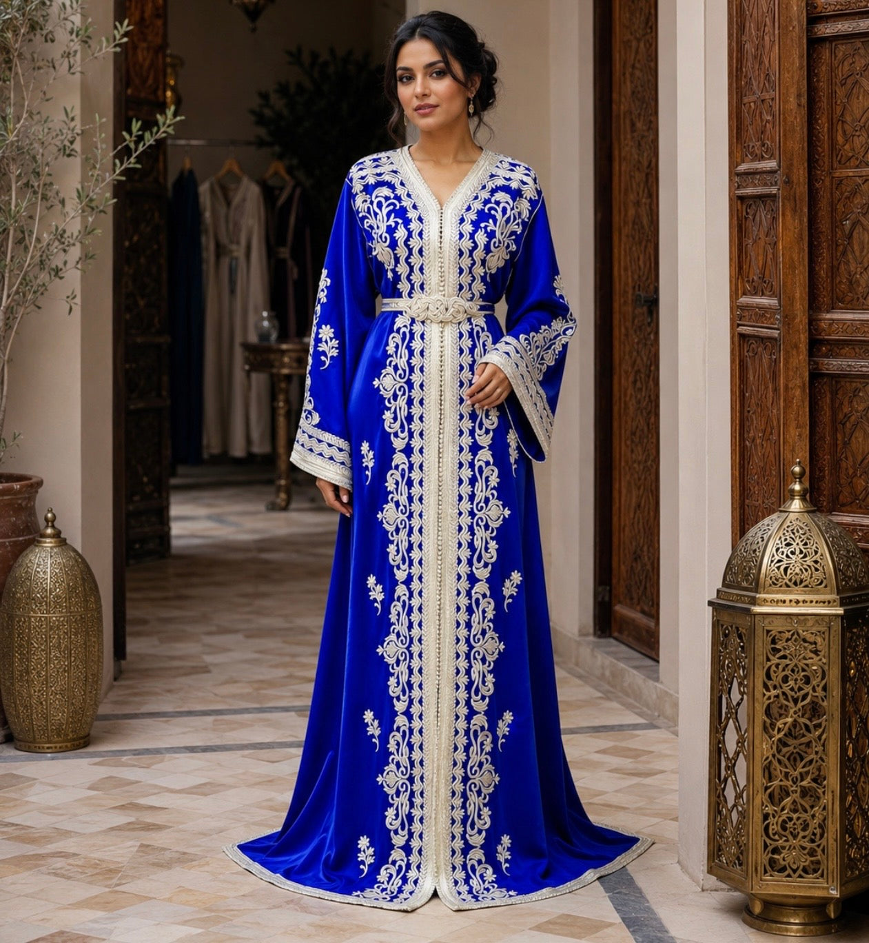 Königsblauer Satin-Kaftan mit Silberstickerei & passendem Gürtel