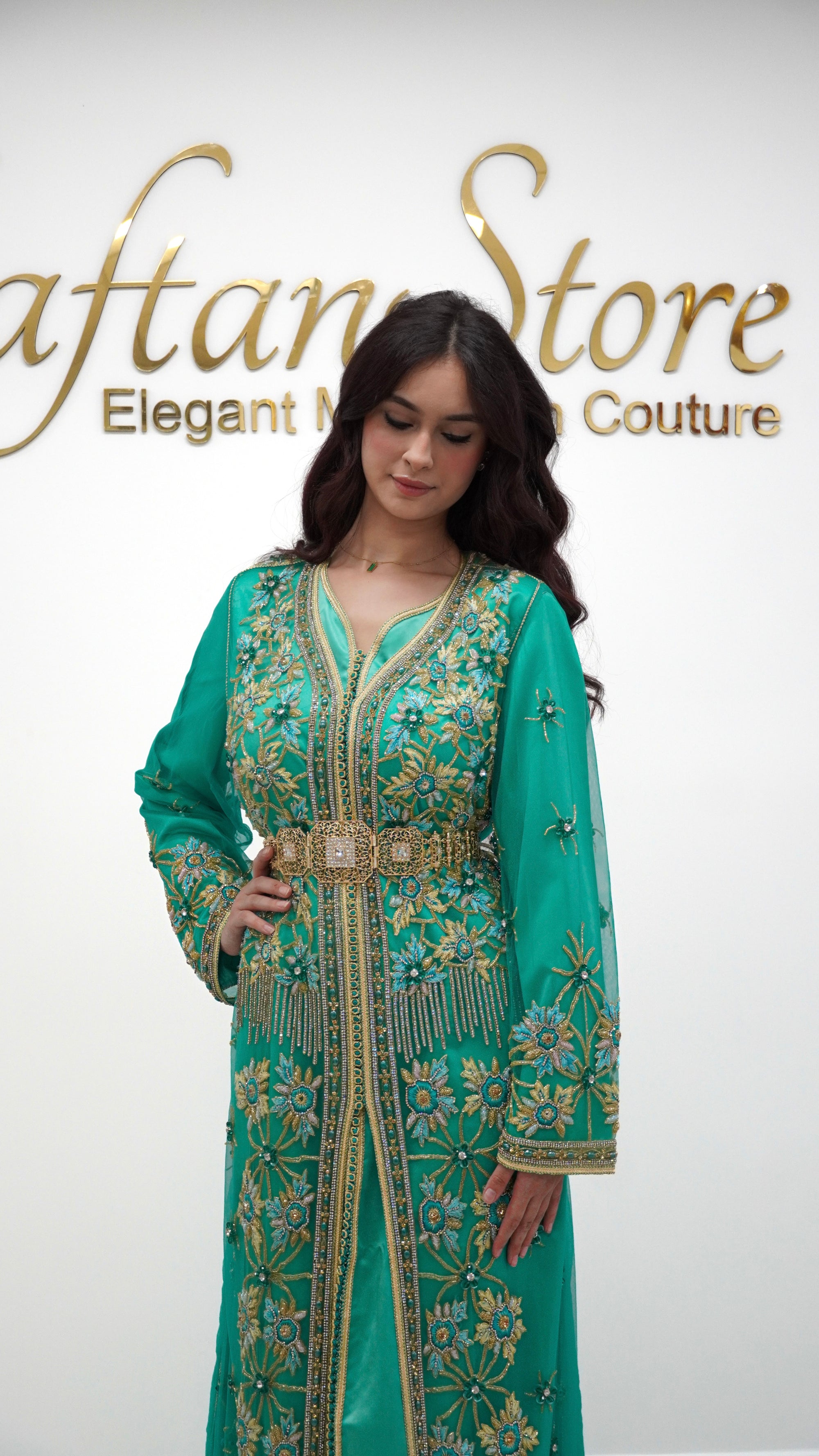 Emerald Green Moroccan Caftan – 2-Piece Embroidered Tulle Takchita