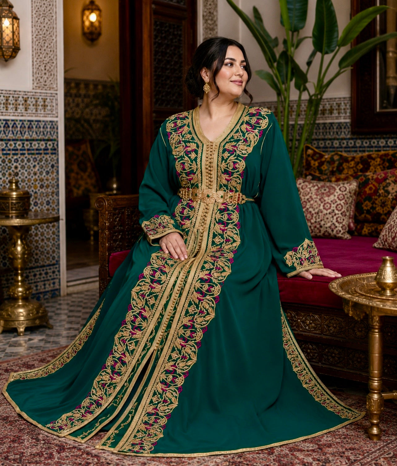 Emerald Bloom Caftan – Two-Piece Elegance with Gold & Fuchsia Embroidery