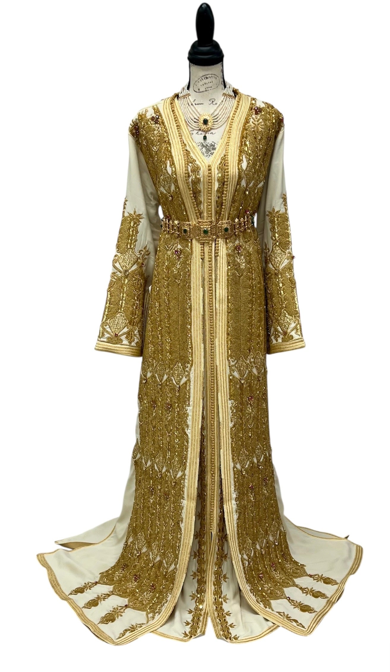 Designer Ivory & Gold Moroccan Bridal Caftan | Hand Beaded Takchita