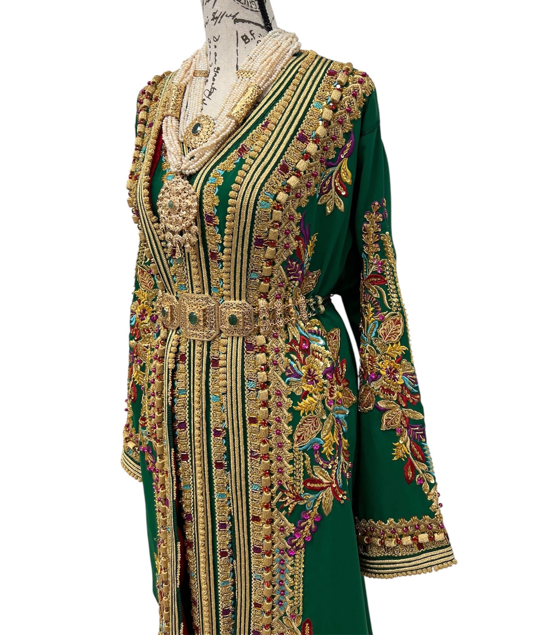 Luxury Emerald Green Moroccan Caftan with Gold Embroidery and Train