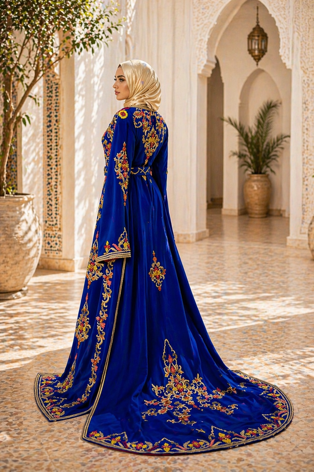Luxury Royal Blue Moroccan Caftan with Embroidery Beading and Dramatic Train