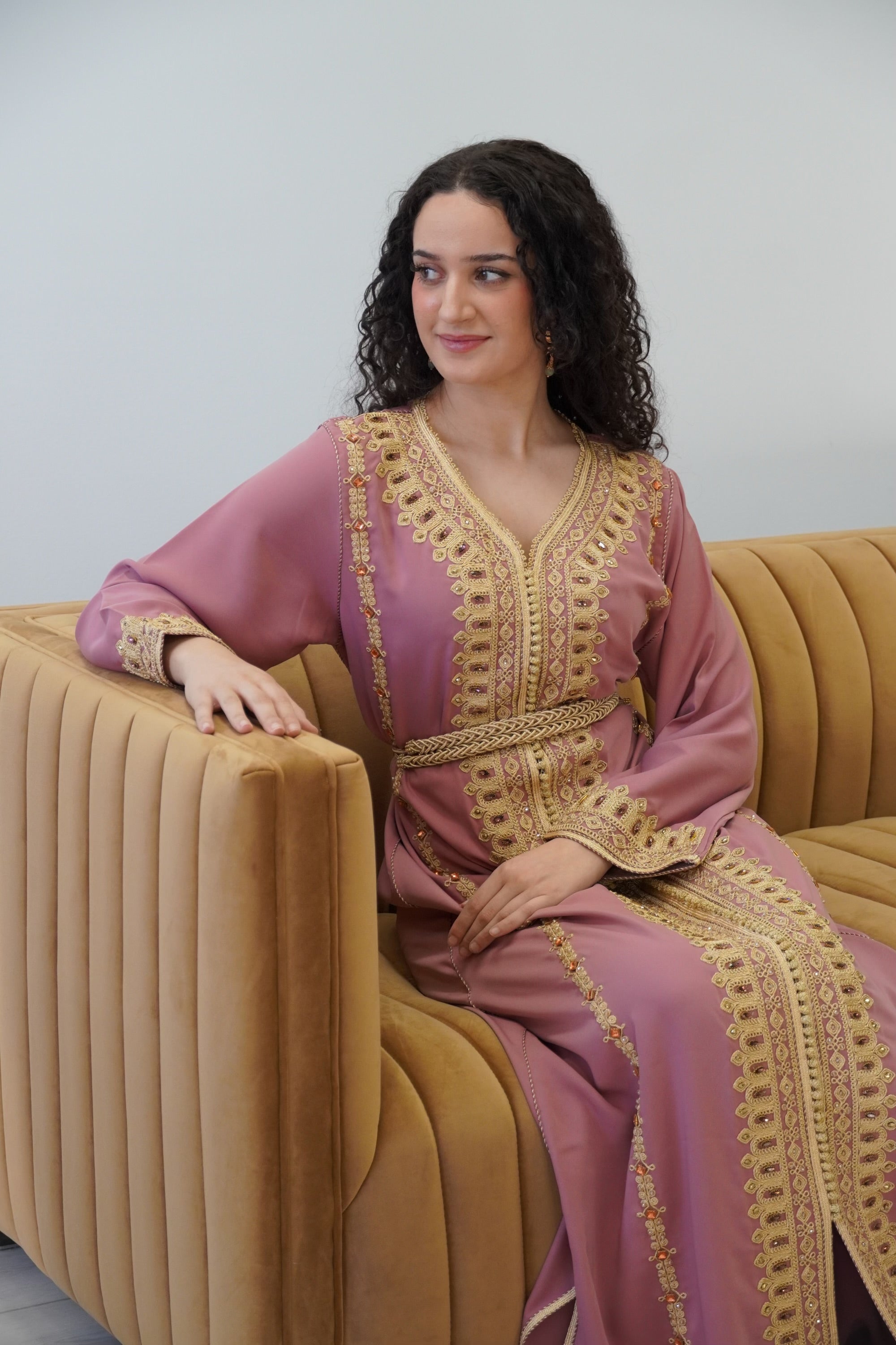 Dusty Rose Moroccan Caftan with Gold Embroidery | Elegant Traditional Dress