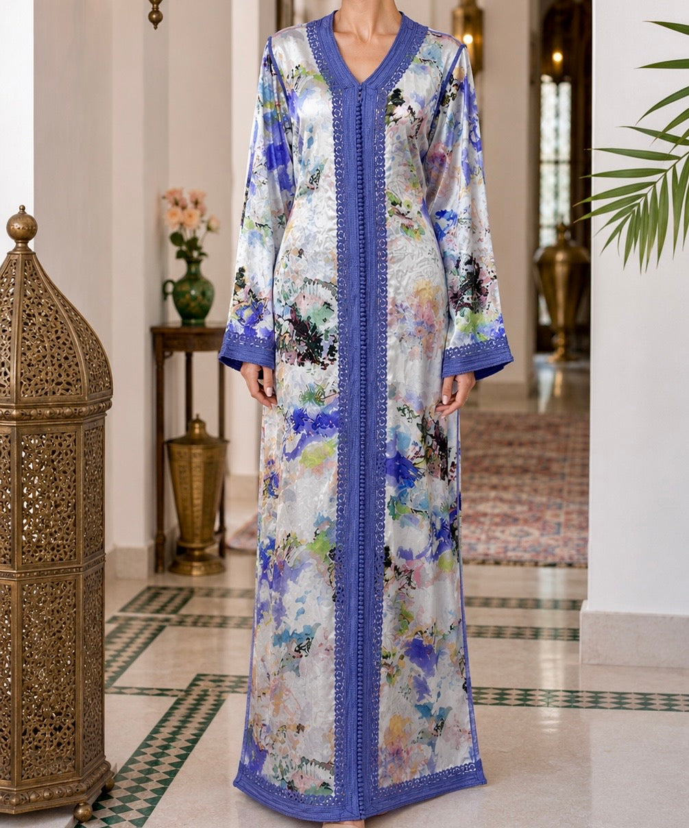 One-Piece Moroccan Satin Silk Caftan – Abstract Floral Print
