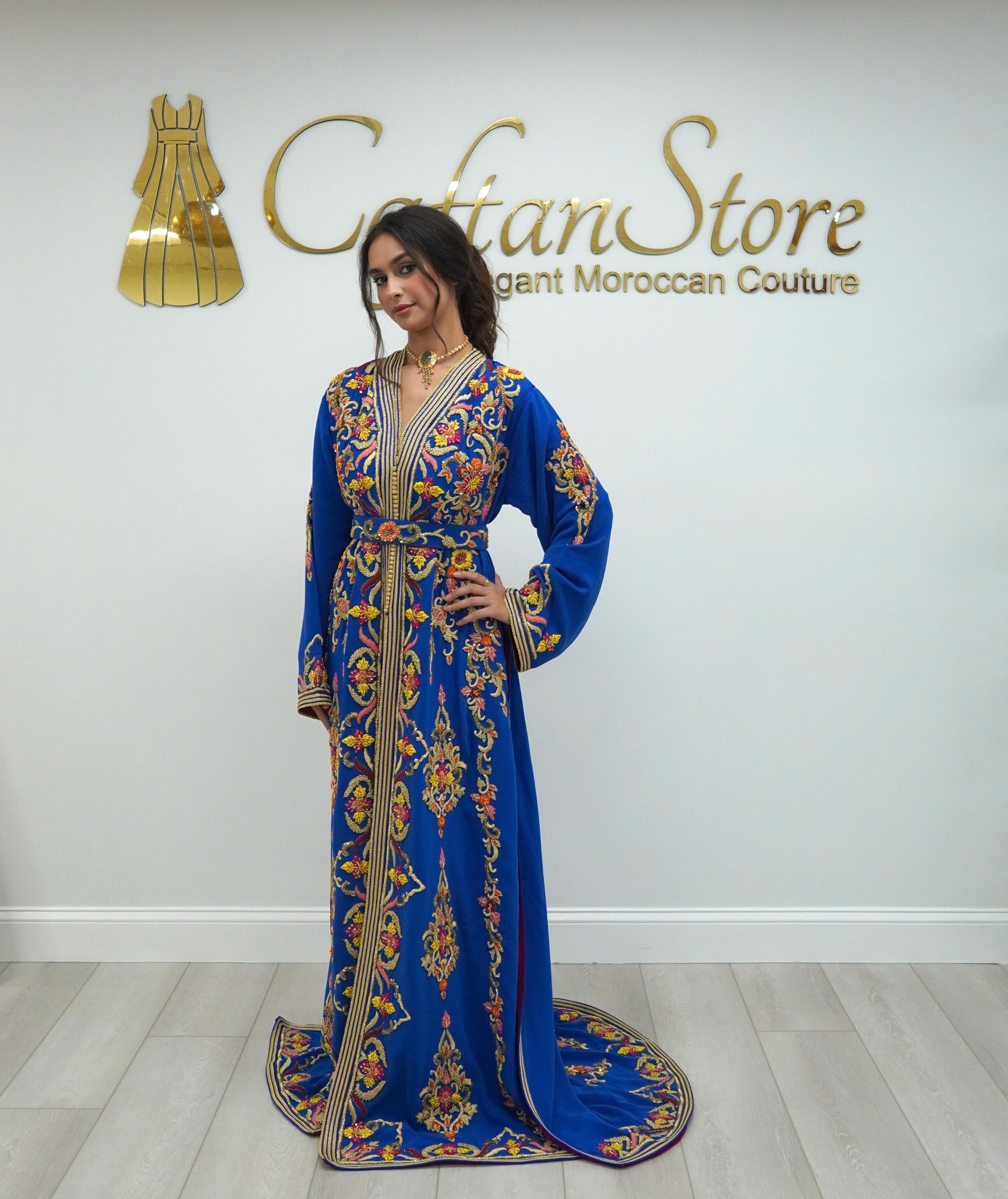 Moroccan Caftan – Cobalt Blue Two-Piece with Gold Embroidery Beaded Bridal Takchita
