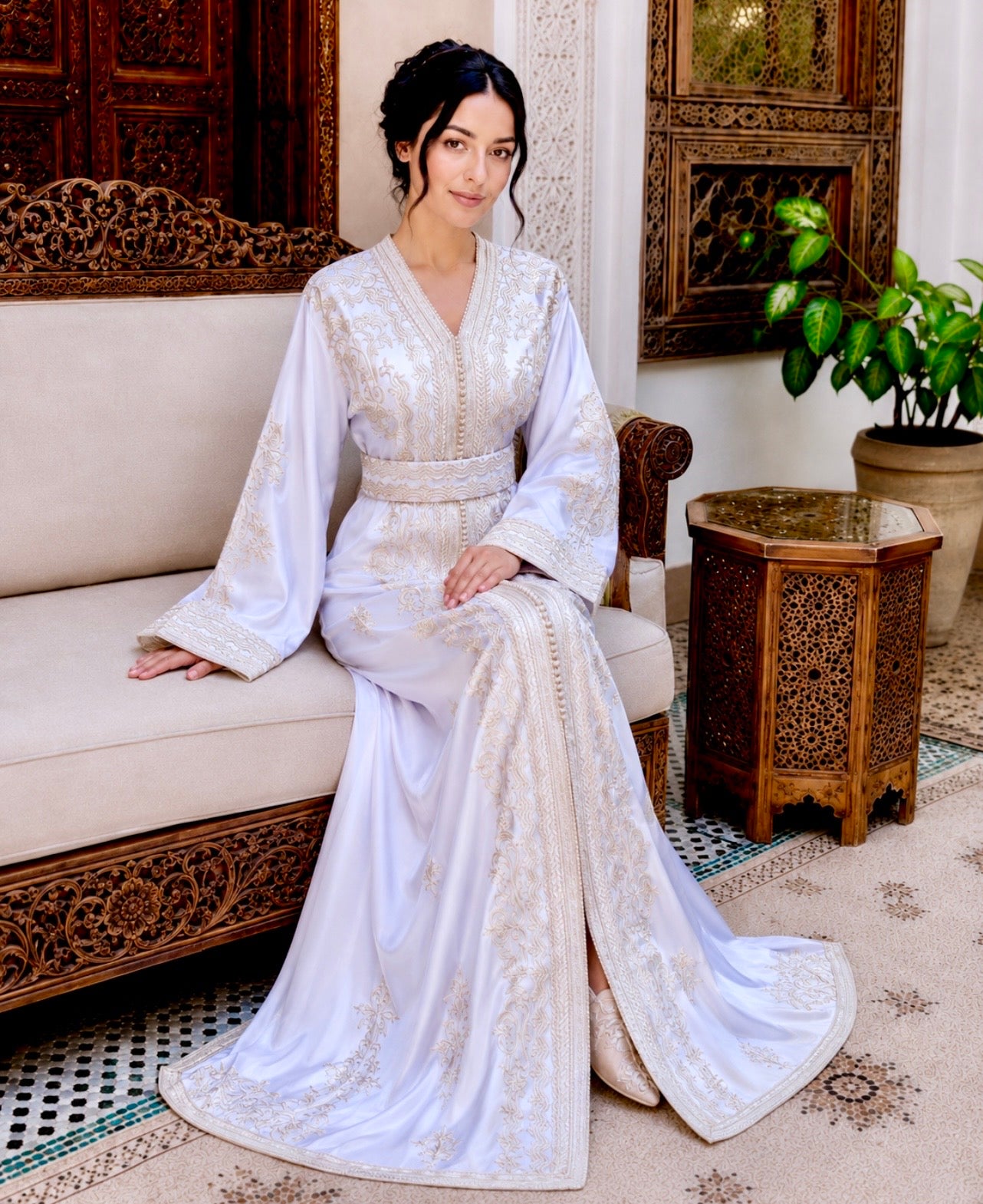 White Satin Moroccan Caftan with Silver Embroidery | Elegant Belted Kaftan