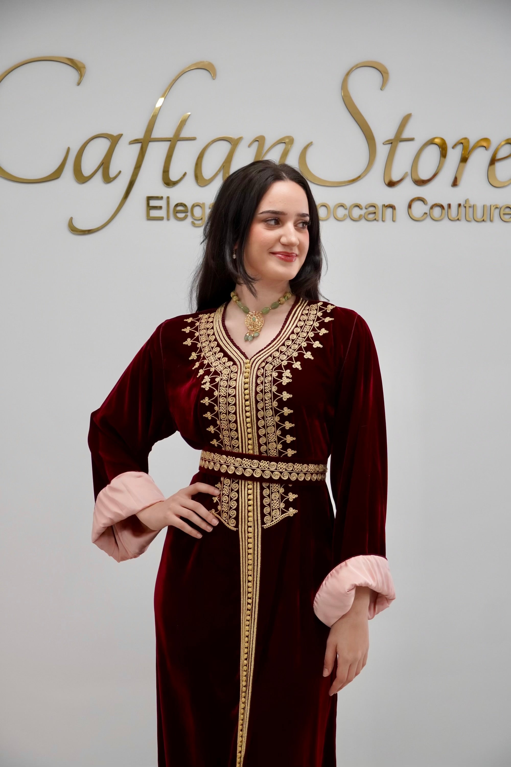 Timeless Burgundy Caftan with Exquisite Gold Embroidery and Baby Pink Contrast