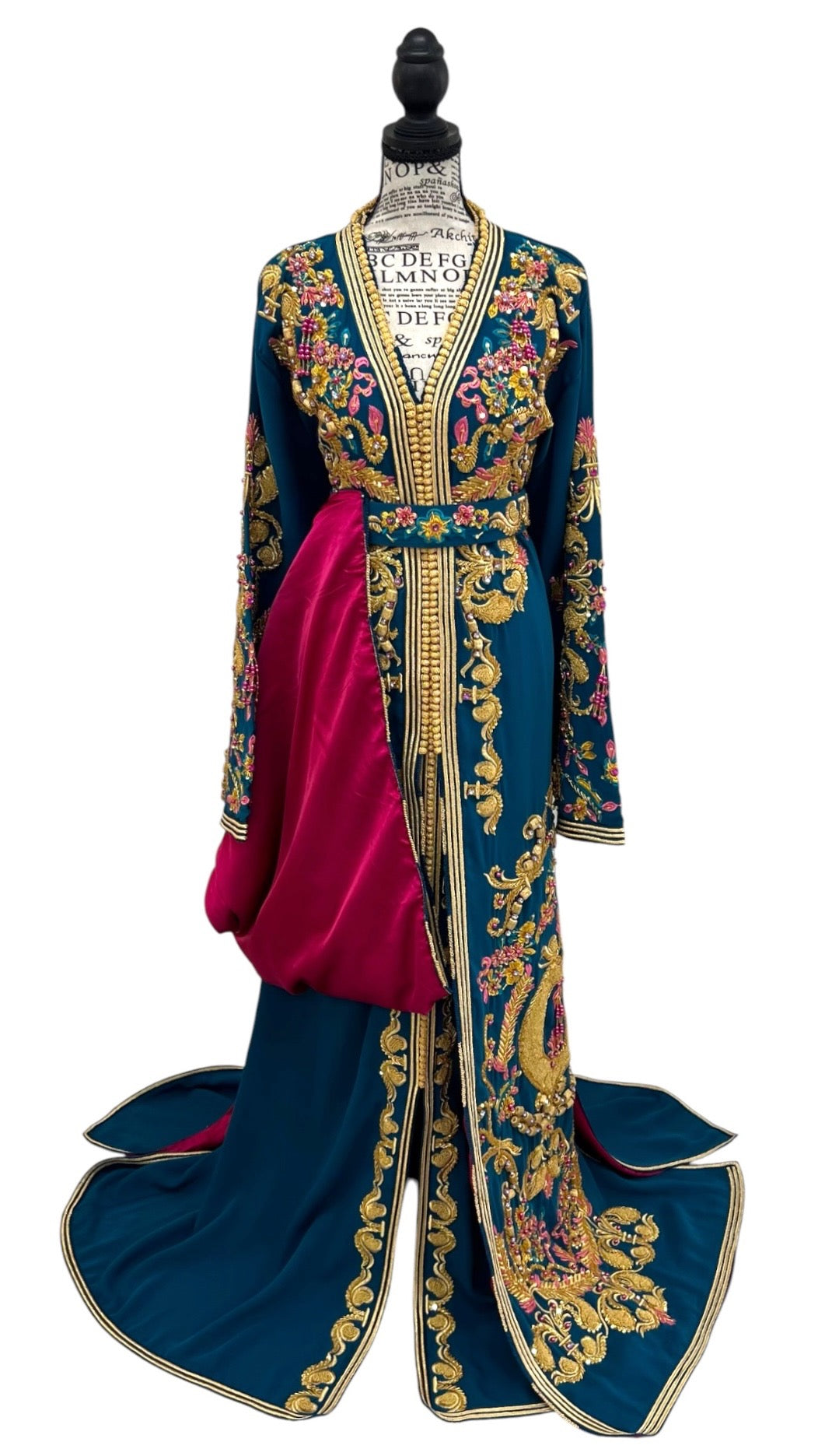 Teal & Magenta Moroccan Bridal Takchita with Hand-Beaded Gold Embroidery
